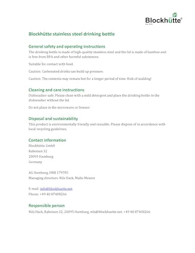 Blockhütte Stainless Steel Water Bottle I 750ml I Insulated Metal Flask, BPA Free, Leakproof, Dishwasher Safe, Ideal for Gym, Travel, Cold Drinks, Reusable, with Natural Cleaning Brush