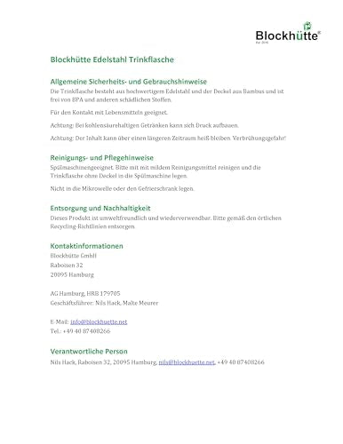 Blockhütte Stainless Steel Water Bottle I 750ml I Insulated Metal Flask, BPA Free, Leakproof, Dishwasher Safe, Ideal for Gym, Travel, Cold Drinks, Reusable, with Natural Cleaning Brush