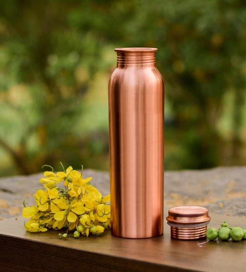 HOUSE OF COPPER 99.76%~ 100% Pure Copper Water Bottle, 1000ml, Golden, Reusable, Matt Finish, Antimicrobial Copper, Cycling, Hydration on the go, Sports, Adult, Plain