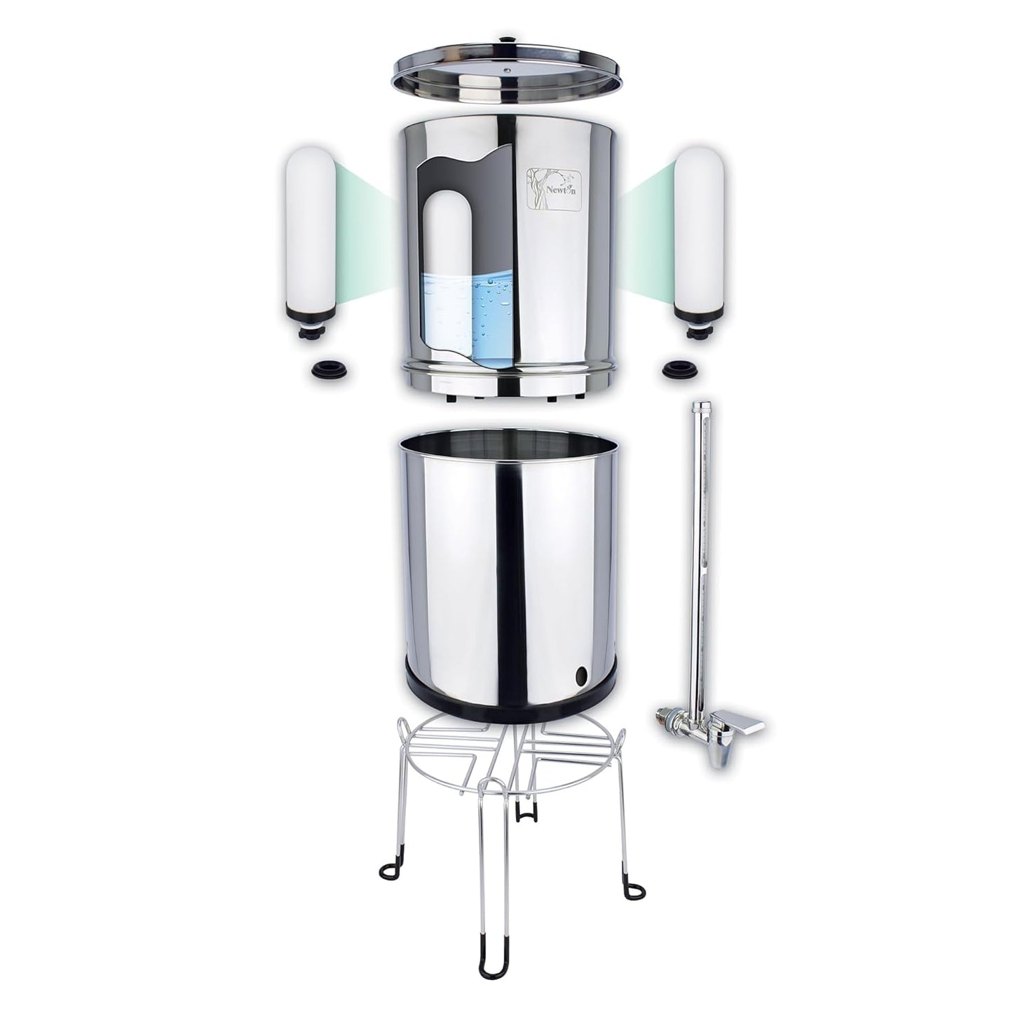 NEWTON Premium Gravity Water Filter System with Heavy Metal and Fluoride Removal | Reduces Limescale | 12L Capacity System with 2x Filter Candles, Stainless Steel Stand & Sight Glass Tap