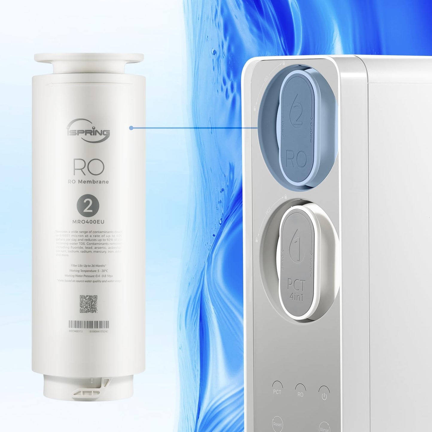 iSpring RO400 Reverse Osmosis System, Tankless Water Filtration System, 400 GPD Fast Flow Under Sink RO System with Brushed Nickel Faucet, 2.5:1 Pure to Drain Ratio, TDS Reduction, White