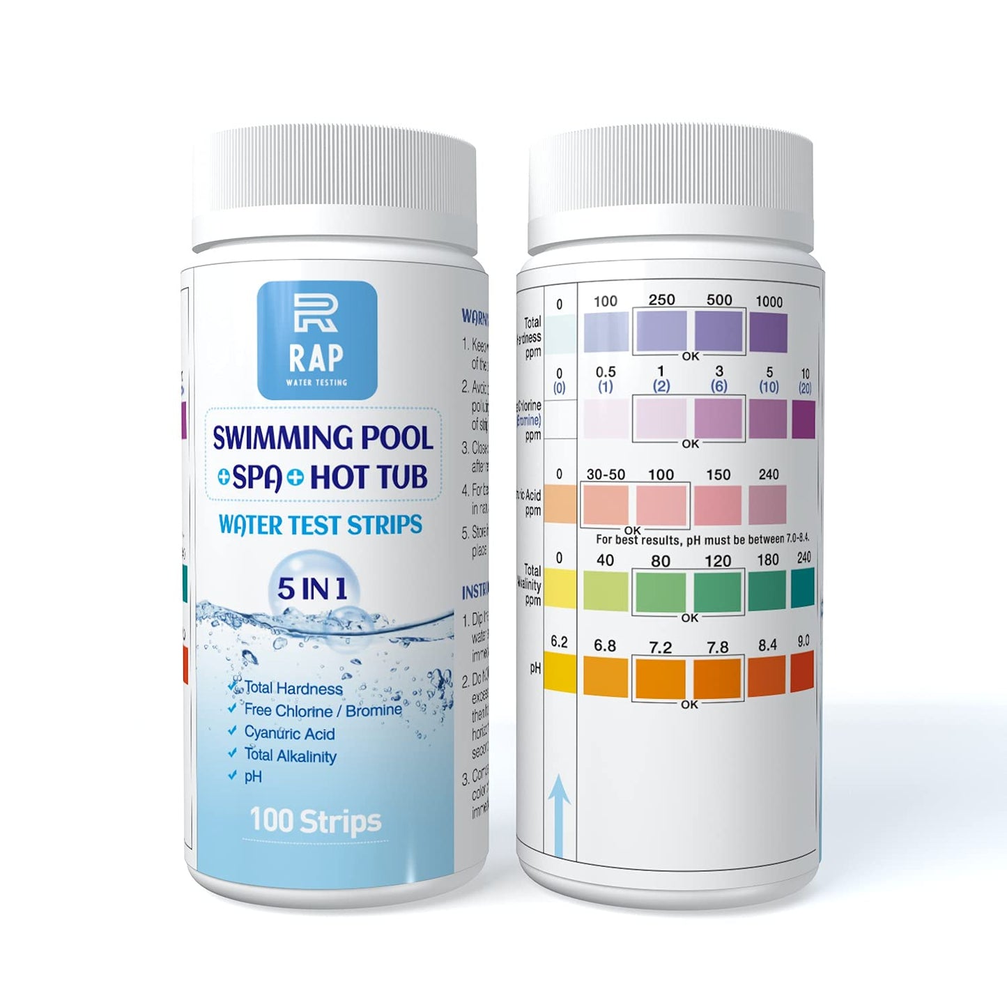 5 in 1 Water quality testing strips for hot tubs, swimming pools or spas. Easy, accurate and quick detection of pH, Free Chlorine/Bromine, Total Alkalinity, Cyanuric Acid and Total Hardness. 100 count