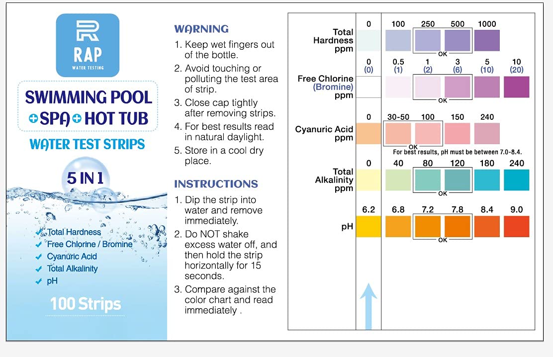 5 in 1 Water quality testing strips for hot tubs, swimming pools or spas. Easy, accurate and quick detection of pH, Free Chlorine/Bromine, Total Alkalinity, Cyanuric Acid and Total Hardness. 100 count