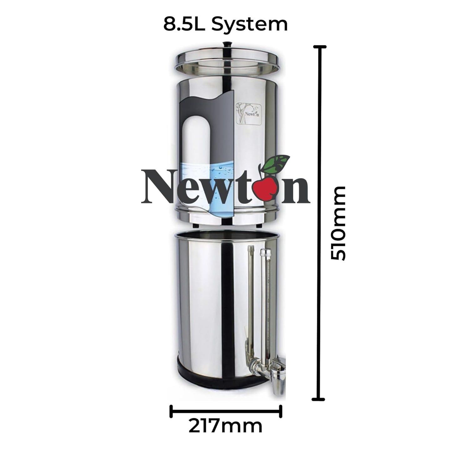 NEWTON Premium Gravity Water Filter System with Heavy Metal and Fluoride Removal | Reduces Limescale | 12L Capacity System with 2x Filter Candles, Stainless Steel Stand & Sight Glass Tap