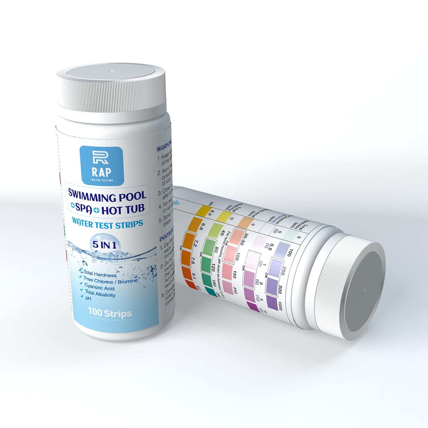 5 in 1 Water quality testing strips for hot tubs, swimming pools or spas. Easy, accurate and quick detection of pH, Free Chlorine/Bromine, Total Alkalinity, Cyanuric Acid and Total Hardness. 100 count