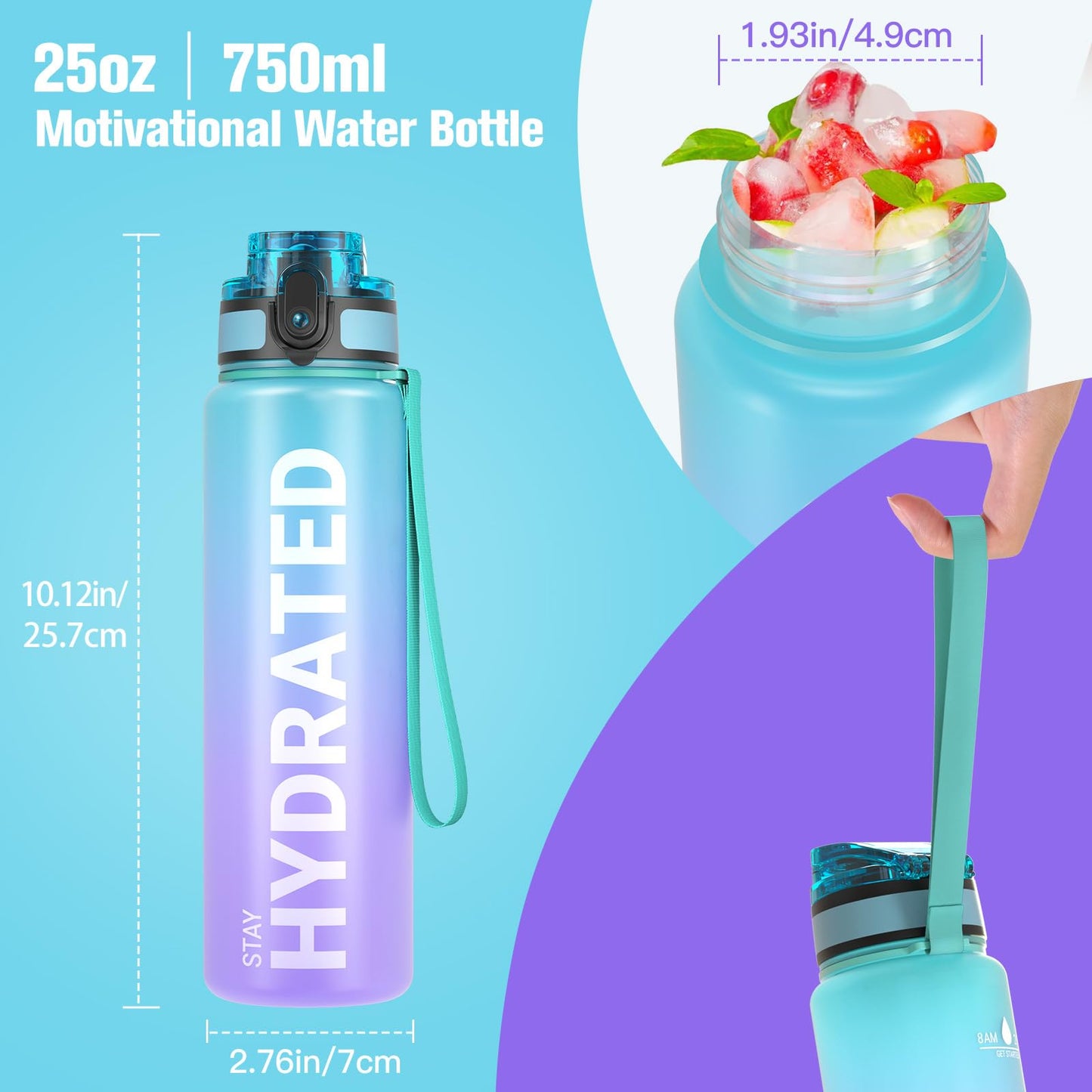 Sahara Sailor Leakproof Water Bottle 1L/500ML/750ML, Tritan BPA Free Motivational Sport Drinks Bottle with Clear Time Marker, Lock Cover, Easy Clean Brush, Durable for Gym, School, Cycling (1 Bottle)