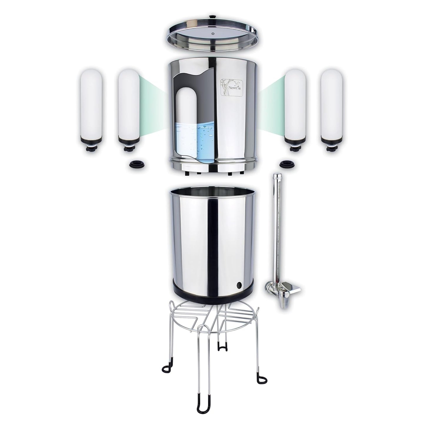 NEWTON Premium Gravity Water Filter System with Heavy Metal and Fluoride Removal | Reduces Limescale | 12L Capacity System with 2x Filter Candles, Stainless Steel Stand & Sight Glass Tap