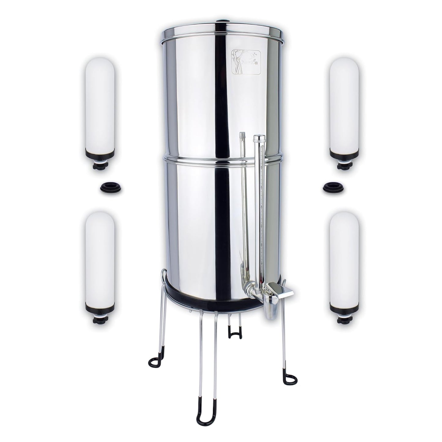 NEWTON Premium Gravity Water Filter System with Heavy Metal and Fluoride Removal | Reduces Limescale | 12L Capacity System with 2x Filter Candles, Stainless Steel Stand & Sight Glass Tap