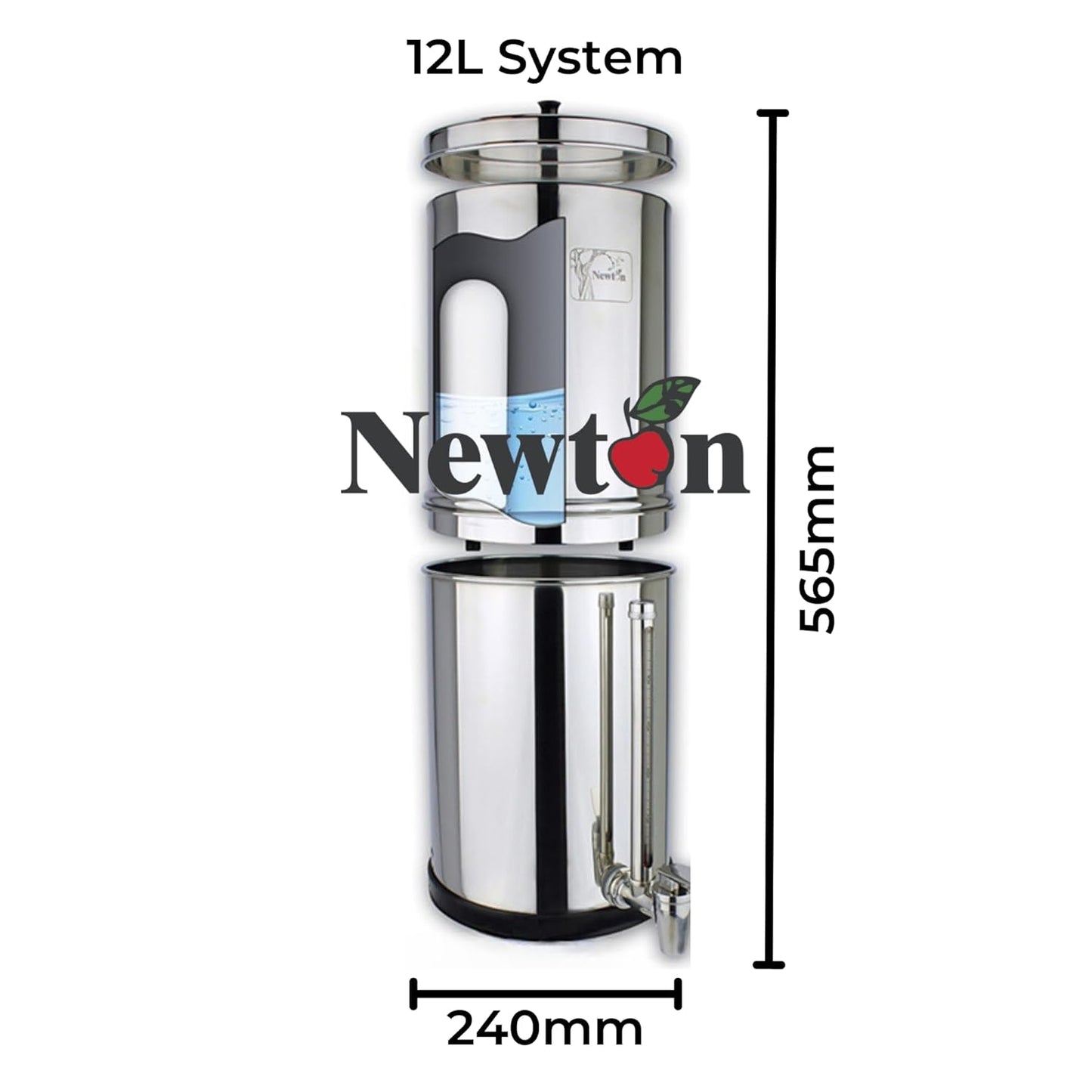 NEWTON Premium Gravity Water Filter System with Heavy Metal and Fluoride Removal | Reduces Limescale | 12L Capacity System with 2x Filter Candles, Stainless Steel Stand & Sight Glass Tap