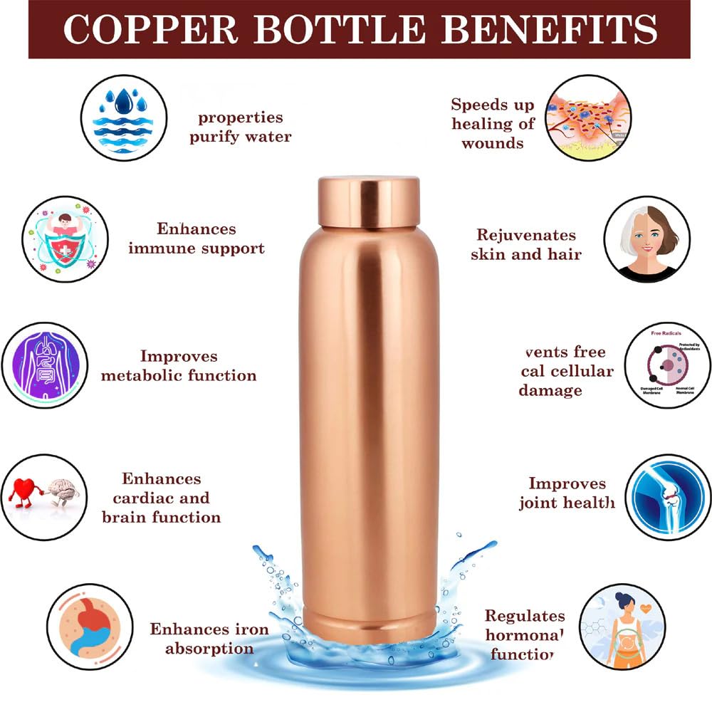 HOUSE OF COPPER 99.76%~ 100% Pure Copper Water Bottle, 1000ml, Golden, Reusable, Matt Finish, Antimicrobial Copper, Cycling, Hydration on the go, Sports, Adult, Plain