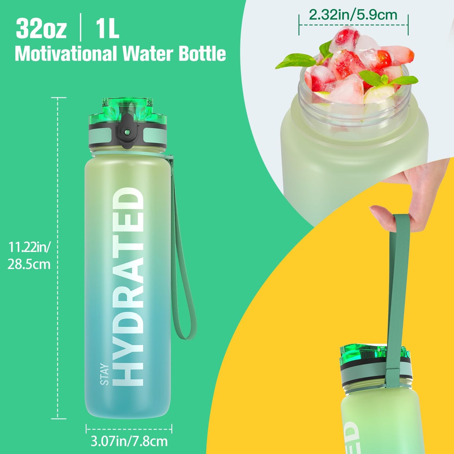 Sahara Sailor Leakproof Water Bottle 1L/500ML/750ML, Tritan BPA Free Motivational Sport Drinks Bottle with Clear Time Marker, Lock Cover, Easy Clean Brush, Durable for Gym, School, Cycling (1 Bottle)