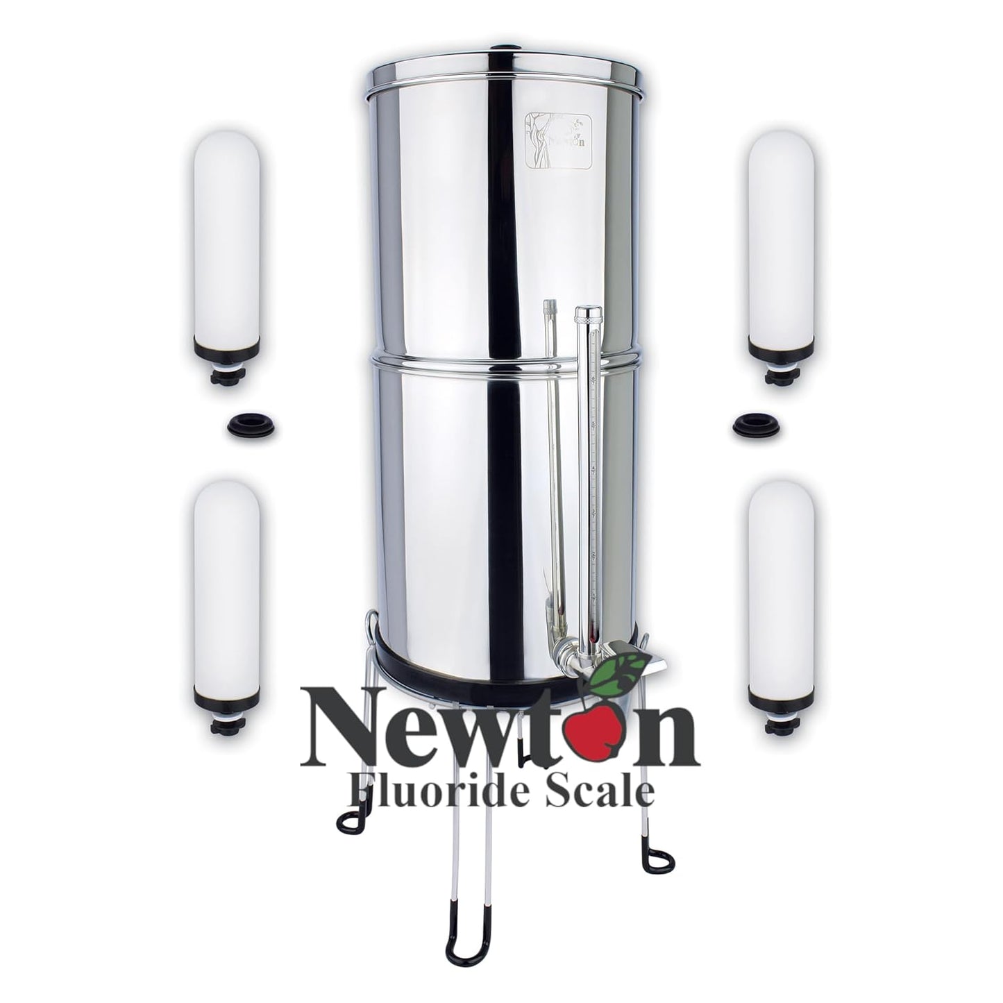 NEWTON Premium Gravity Water Filter System with Heavy Metal and Fluoride Removal | Reduces Limescale | 12L Capacity System with 2x Filter Candles, Stainless Steel Stand & Sight Glass Tap