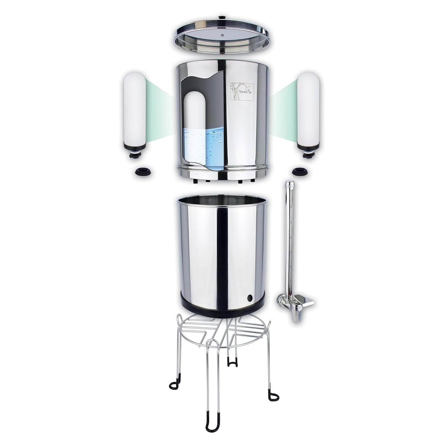 NEWTON Premium Gravity Water Filter System with Heavy Metal and Fluoride Removal | Reduces Limescale | 12L Capacity System with 2x Filter Candles, Stainless Steel Stand & Sight Glass Tap