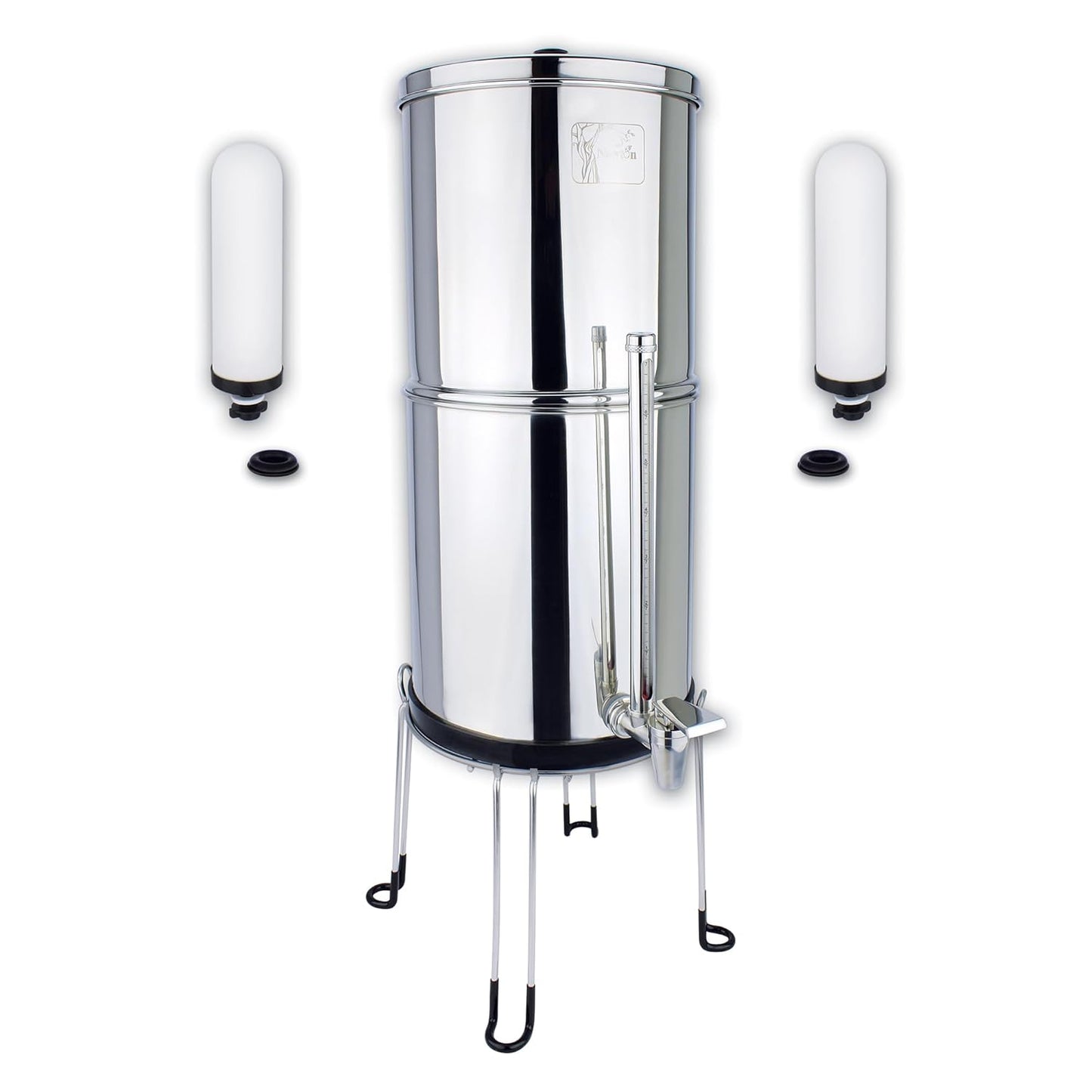 NEWTON Premium Gravity Water Filter System with Heavy Metal and Fluoride Removal | Reduces Limescale | 12L Capacity System with 2x Filter Candles, Stainless Steel Stand & Sight Glass Tap