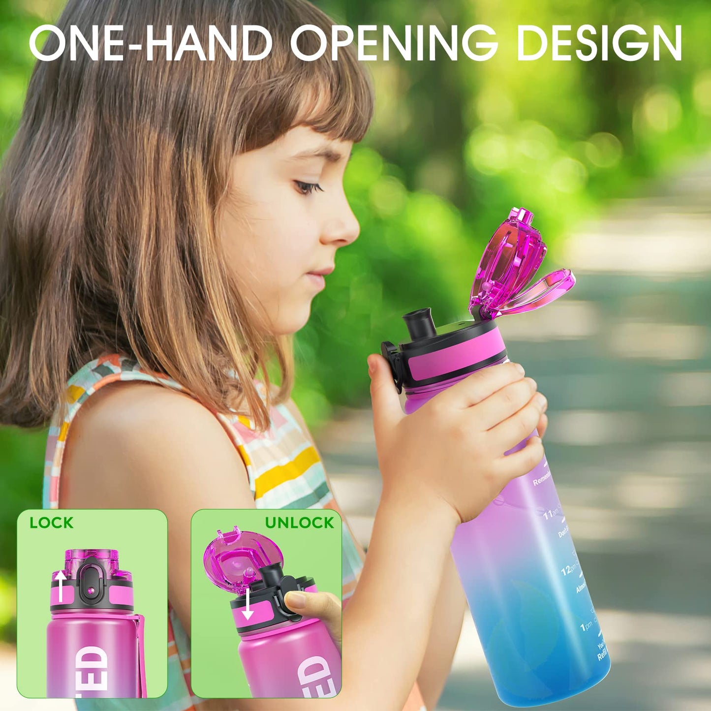 Sahara Sailor Leakproof Water Bottle 1L/500ML/750ML, Tritan BPA Free Motivational Sport Drinks Bottle with Clear Time Marker, Lock Cover, Easy Clean Brush, Durable for Gym, School, Cycling (1 Bottle)