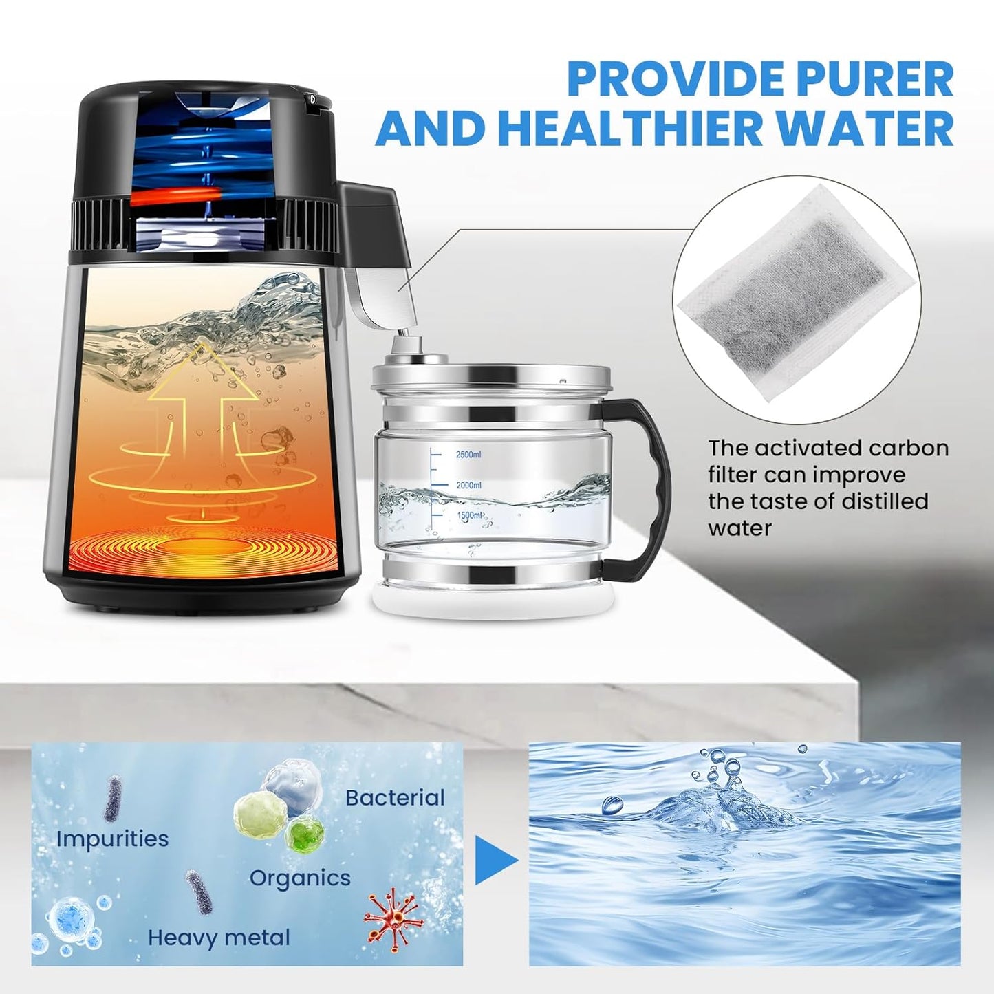 Hanchen Water Distiller 304 Stainless Steel 750W Distilled Water Machine Double Button Design 4L/1gal Water Purifier for Home Use with Distiller Cleaner and Carbon Filter