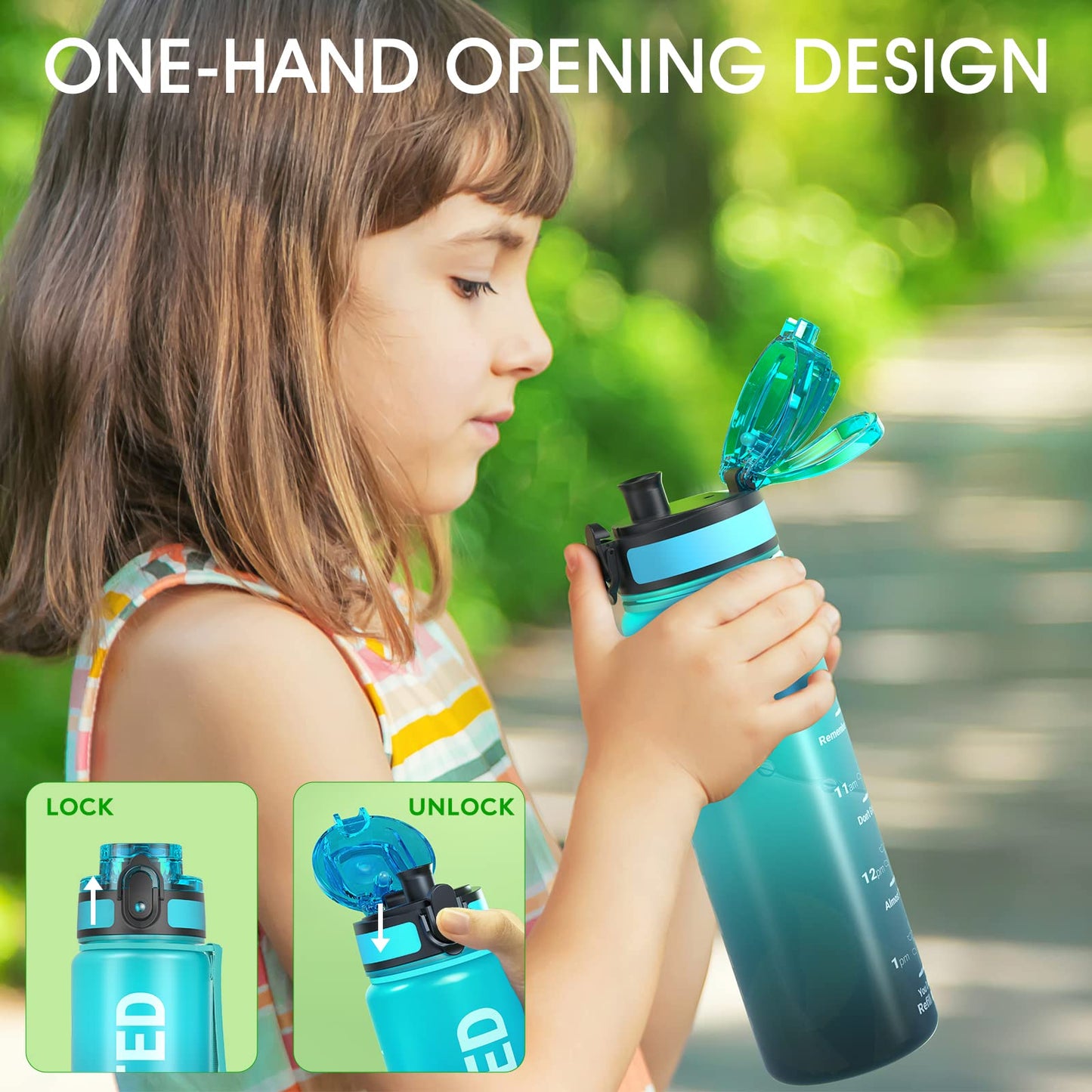 Sahara Sailor Leakproof Water Bottle 1L/500ML/750ML, Tritan BPA Free Motivational Sport Drinks Bottle with Clear Time Marker, Lock Cover, Easy Clean Brush, Durable for Gym, School, Cycling (1 Bottle)