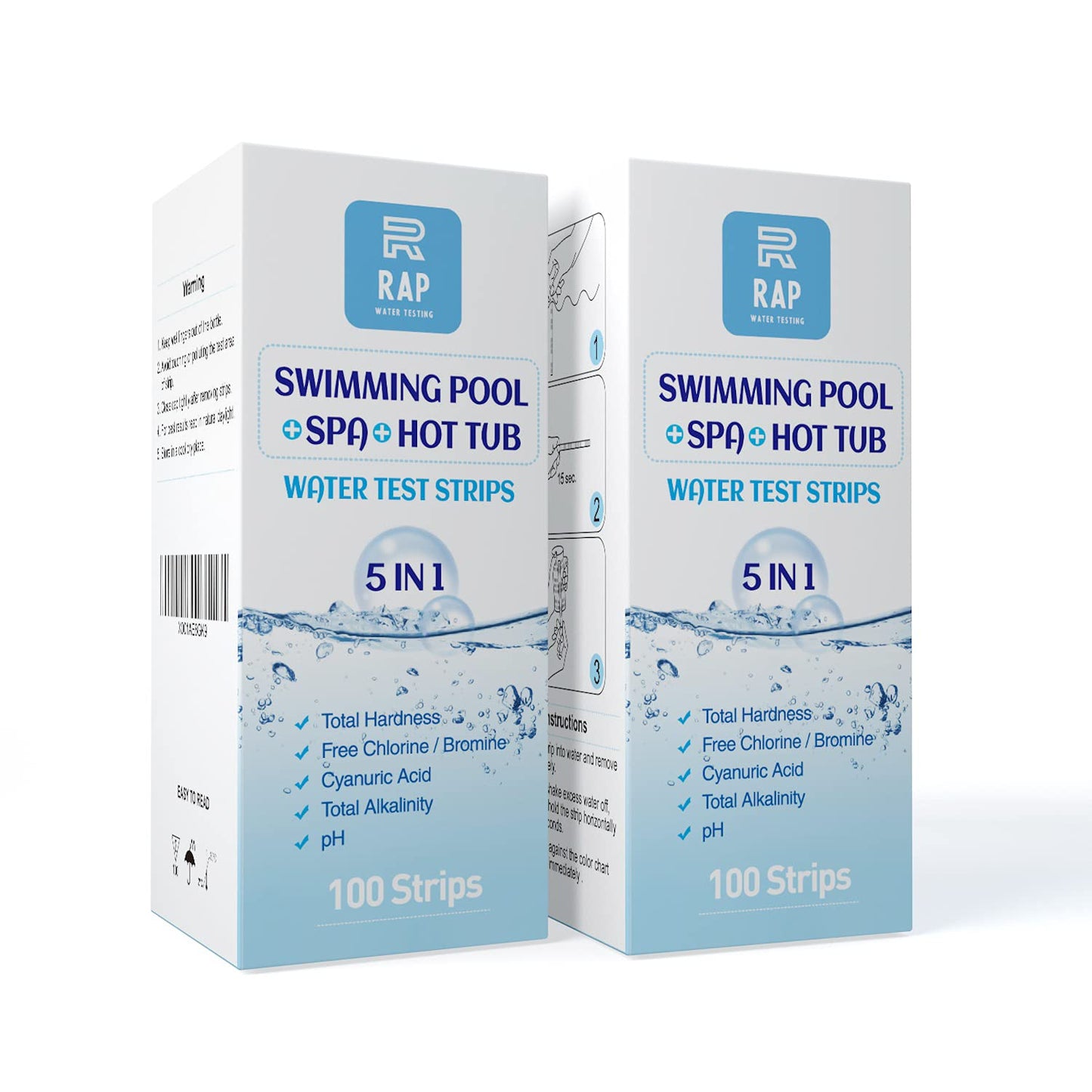 5 in 1 Water quality testing strips for hot tubs, swimming pools or spas. Easy, accurate and quick detection of pH, Free Chlorine/Bromine, Total Alkalinity, Cyanuric Acid and Total Hardness. 100 count
