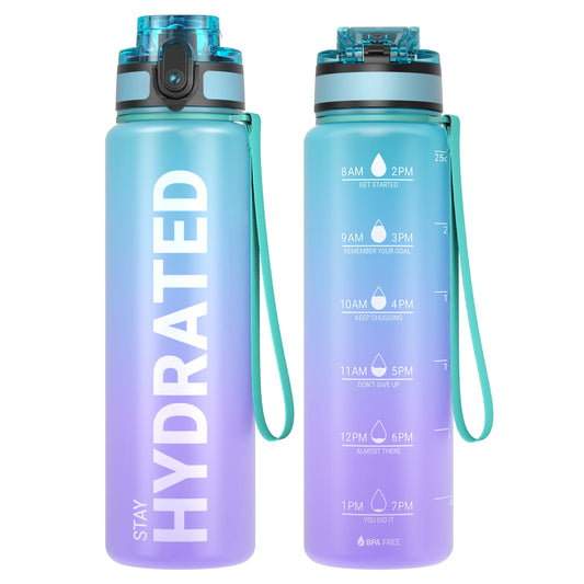 Sahara Sailor Leakproof Water Bottle 1L/500ML/750ML, Tritan BPA Free Motivational Sport Drinks Bottle with Clear Time Marker, Lock Cover, Easy Clean Brush, Durable for Gym, School, Cycling (1 Bottle)