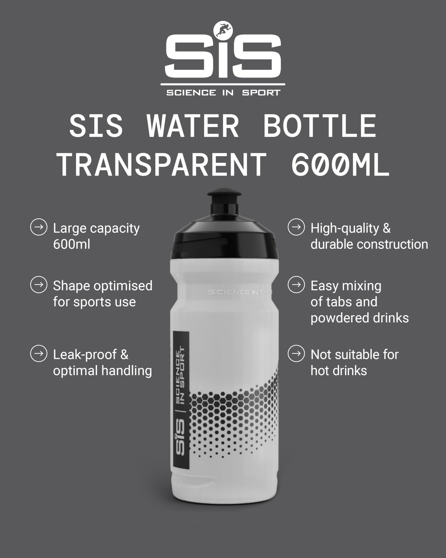 Science in Sport SIS Clear Sports Water Bottle, Plastic Water Bottle, Black Logo, Transparent Colour, 800 ml