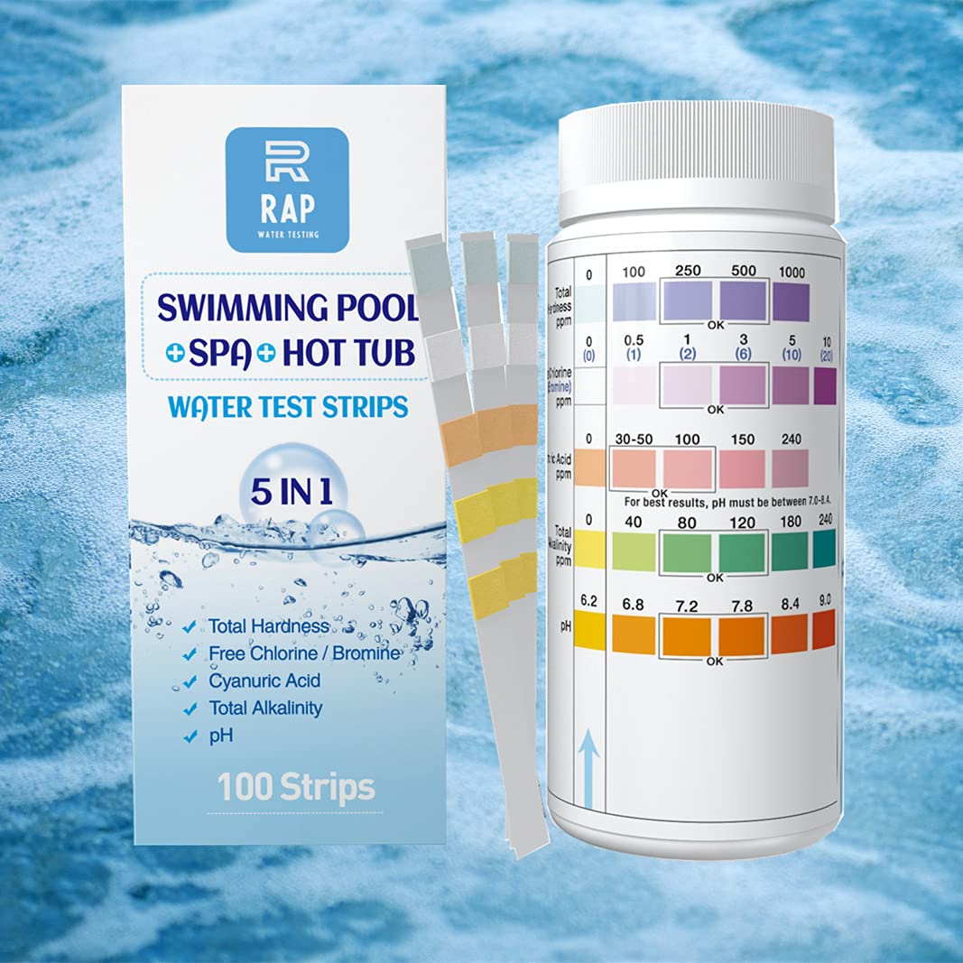 5 in 1 Water quality testing strips for hot tubs, swimming pools or spas. Easy, accurate and quick detection of pH, Free Chlorine/Bromine, Total Alkalinity, Cyanuric Acid and Total Hardness. 100 count