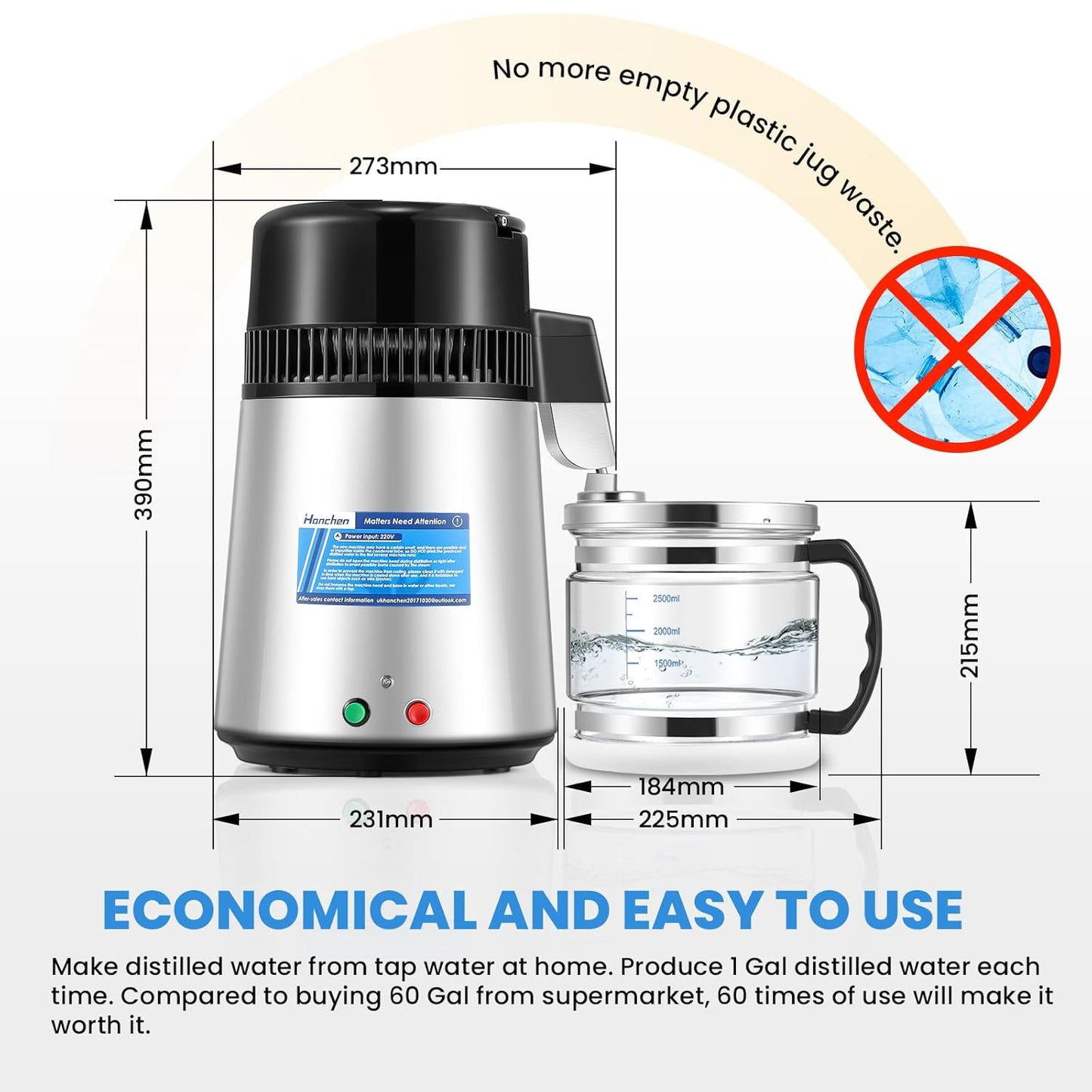 Hanchen Water Distiller 304 Stainless Steel 750W Distilled Water Machine Double Button Design 4L/1gal Water Purifier for Home Use with Distiller Cleaner and Carbon Filter