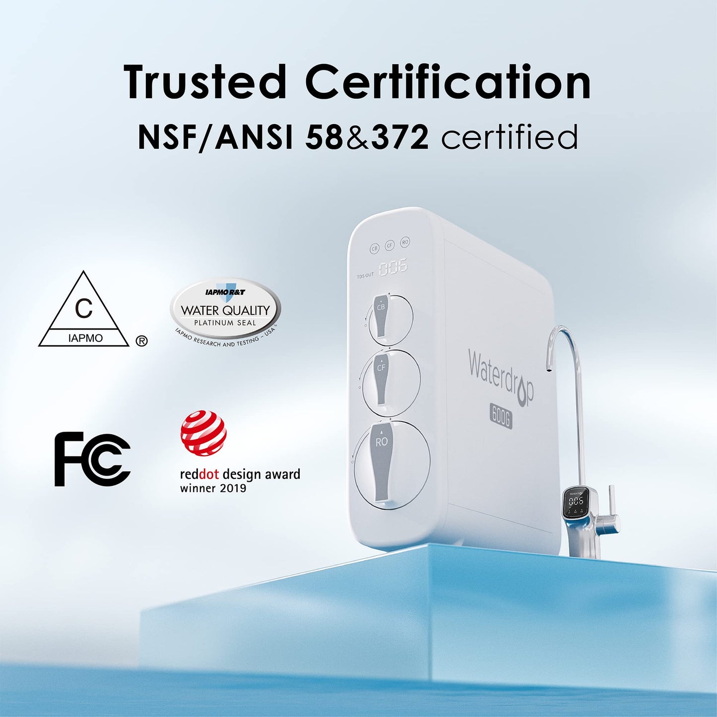 Waterdrop G3P600 Reverse Osmosis Water Filter, 600 GPD, Water Softener, Reduce TDS, Reduce Scale, Enhance the Flavor of Coffee and Tea, 2:1 Pure to Drain, Smart LED Faucet