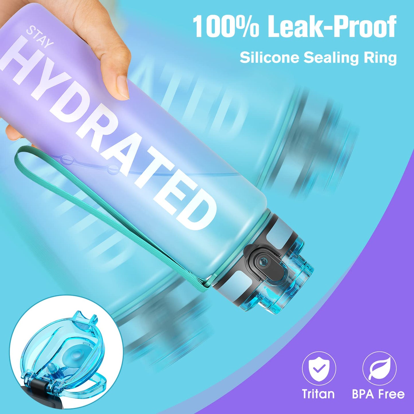 Sahara Sailor Leakproof Water Bottle 1L/500ML/750ML, Tritan BPA Free Motivational Sport Drinks Bottle with Clear Time Marker, Lock Cover, Easy Clean Brush, Durable for Gym, School, Cycling (1 Bottle)