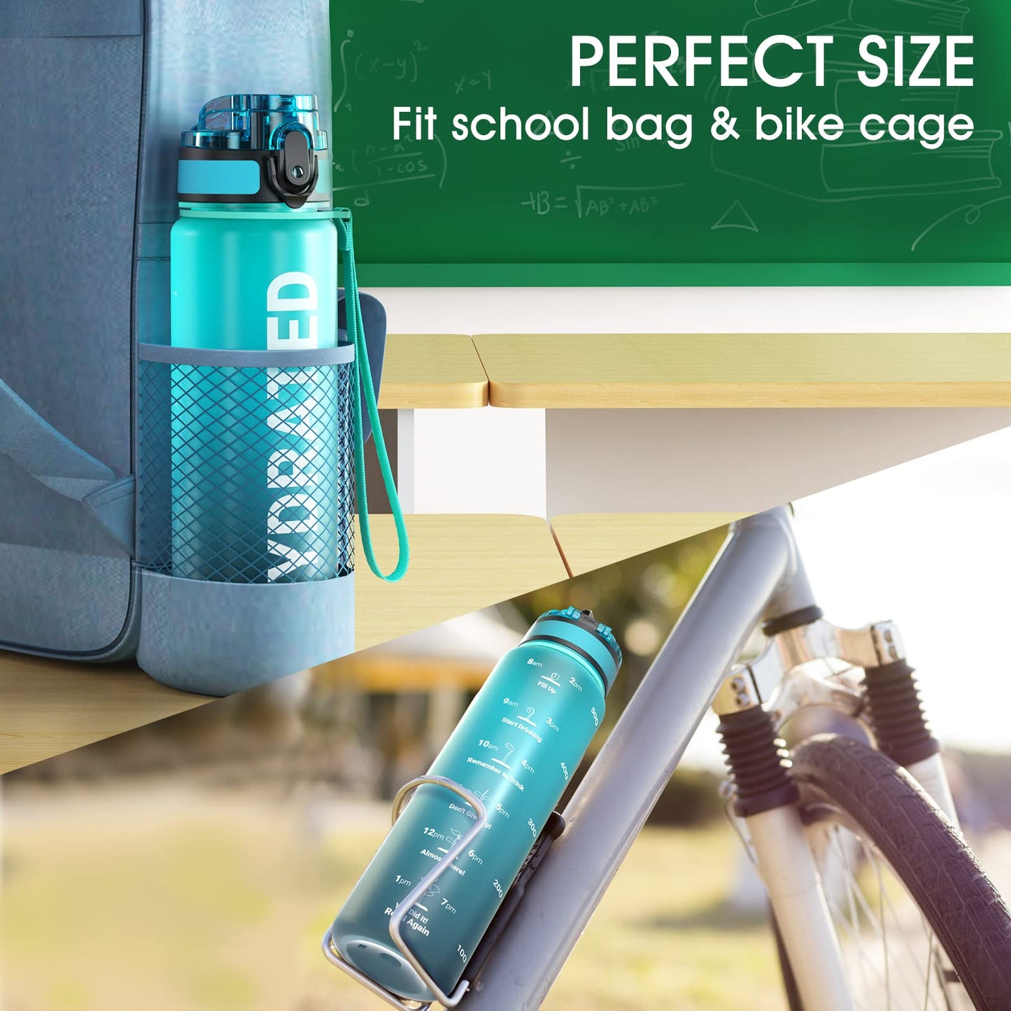 Sahara Sailor Leakproof Water Bottle 1L/500ML/750ML, Tritan BPA Free Motivational Sport Drinks Bottle with Clear Time Marker, Lock Cover, Easy Clean Brush, Durable for Gym, School, Cycling (1 Bottle)