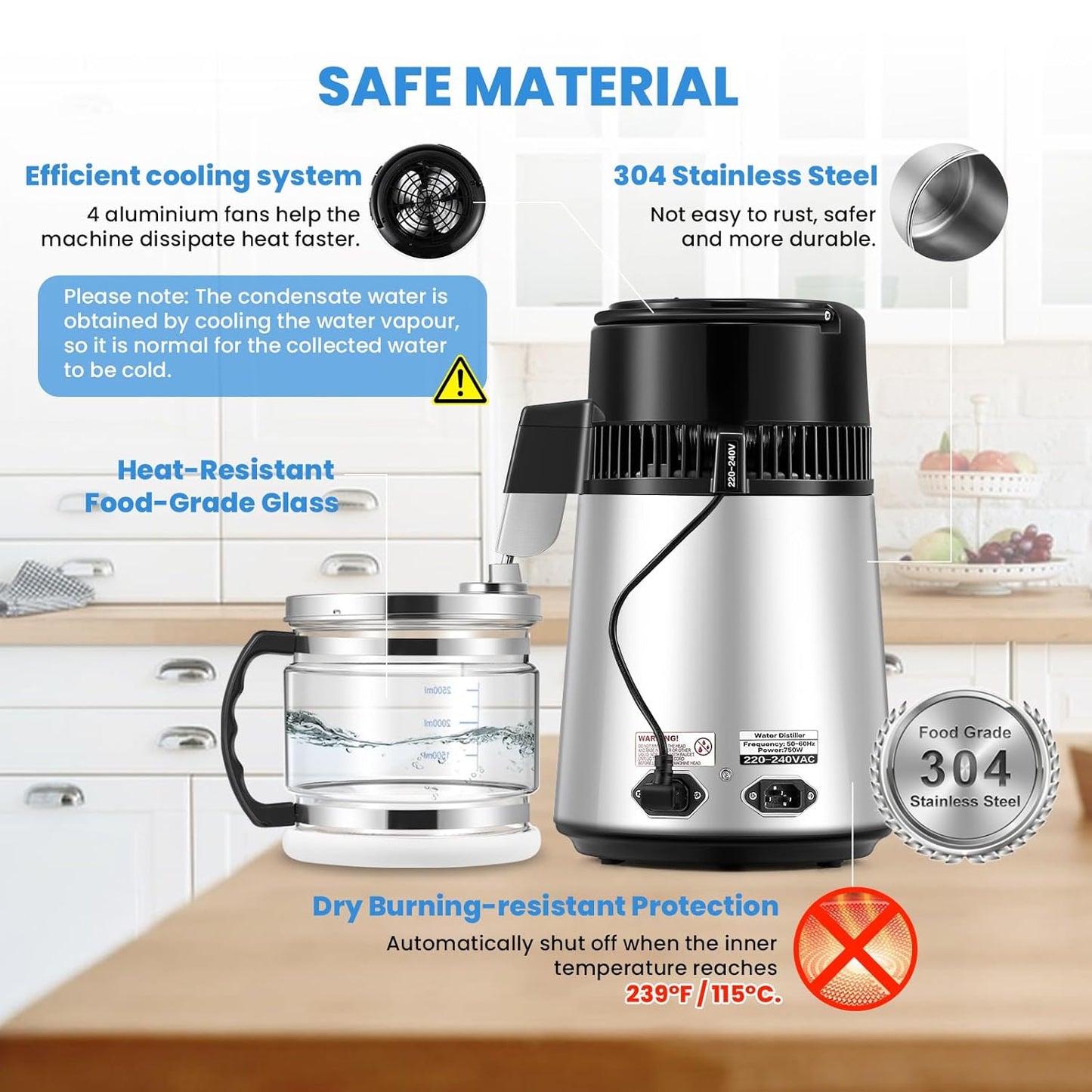 Hanchen Water Distiller 304 Stainless Steel 750W Distilled Water Machine Double Button Design 4L/1gal Water Purifier for Home Use with Distiller Cleaner and Carbon Filter