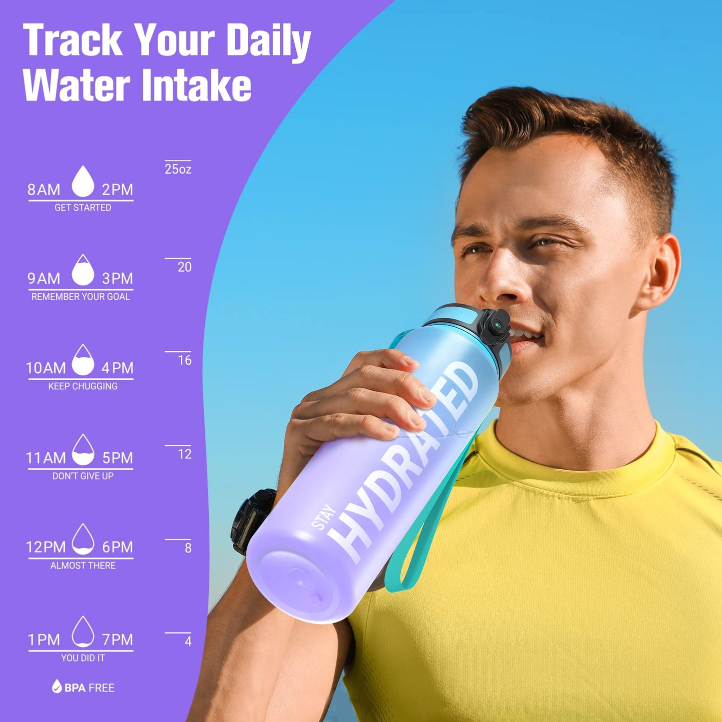 Sahara Sailor Leakproof Water Bottle 1L/500ML/750ML, Tritan BPA Free Motivational Sport Drinks Bottle with Clear Time Marker, Lock Cover, Easy Clean Brush, Durable for Gym, School, Cycling (1 Bottle)