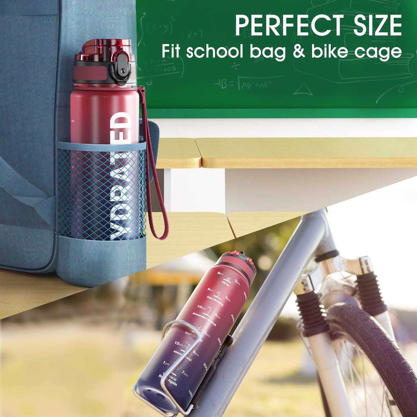 Sahara Sailor Leakproof Water Bottle 1L/500ML/750ML, Tritan BPA Free Motivational Sport Drinks Bottle with Clear Time Marker, Lock Cover, Easy Clean Brush, Durable for Gym, School, Cycling (1 Bottle)