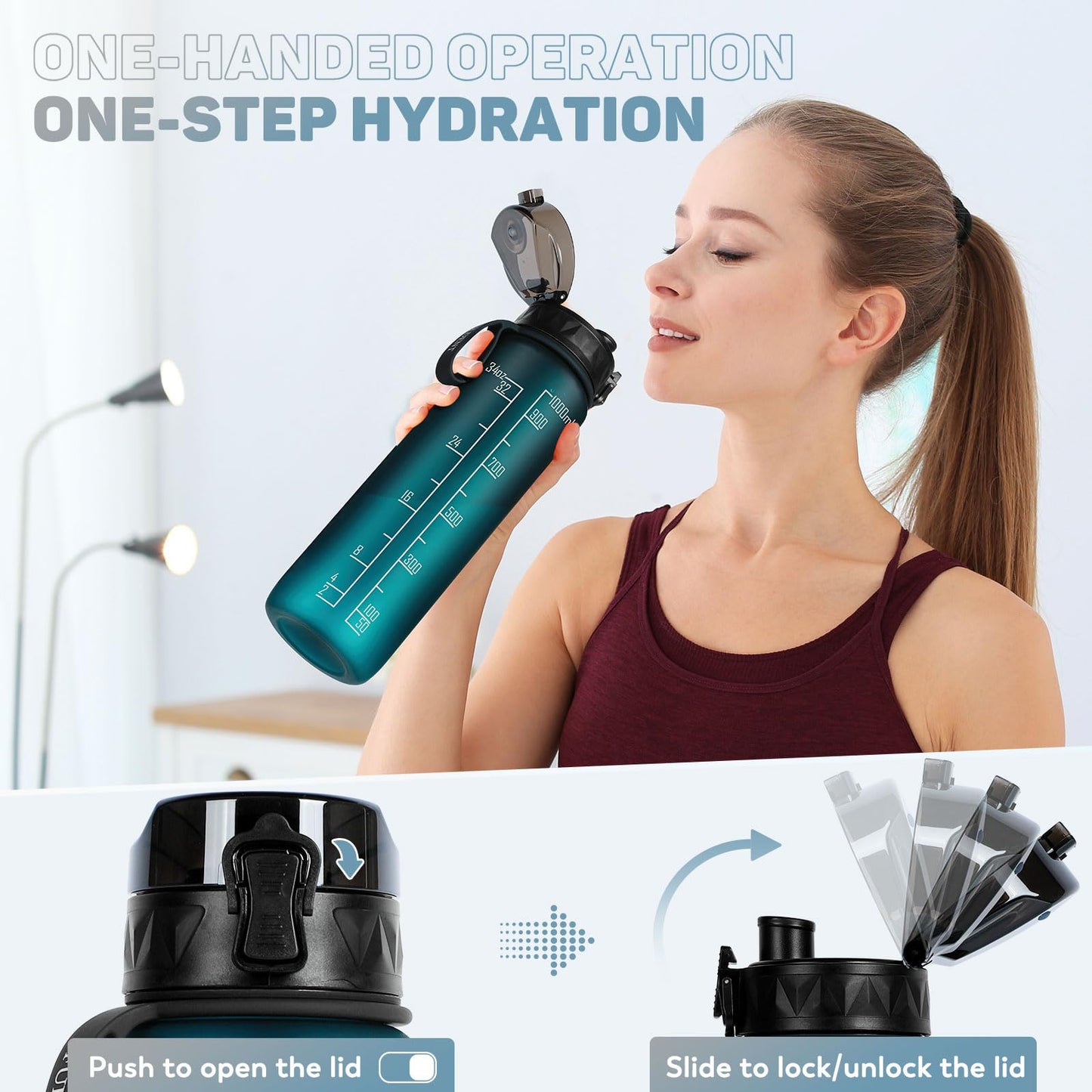 FULDENT Sports Water Bottle 1L Leakproof Design Water Bottle, BPA Free Tritan Plastic Drinking Bottle for Teenager, Adult, Sports, Hiking, Gym, Fitness, Outdoor, Cycling, School & Office