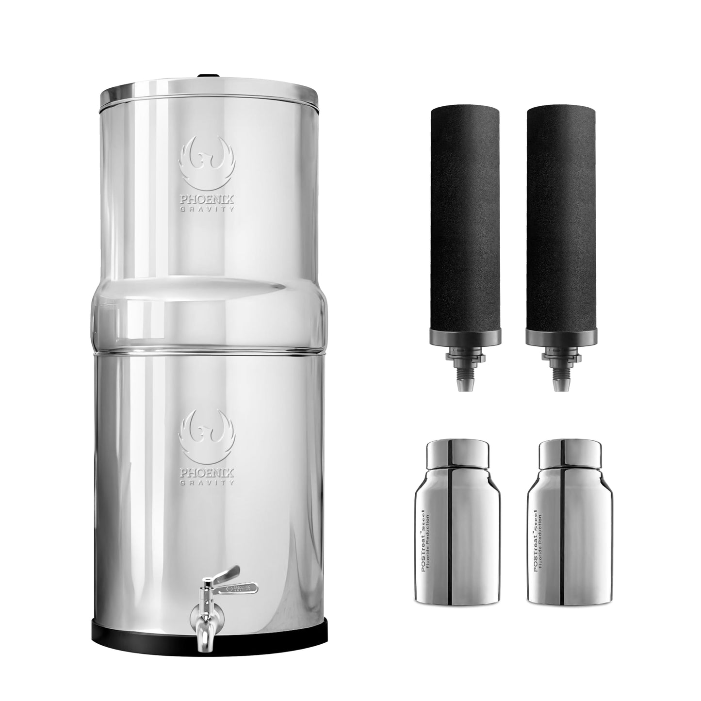 PHOENIX GRAVITY 6-Litre NSF Certified AISI 304 Stainless Steel Countertop Water Filter System with 2 Smart (Black) Carbon Filter Elements & Free Stainless Steel Water Tap (6 L)