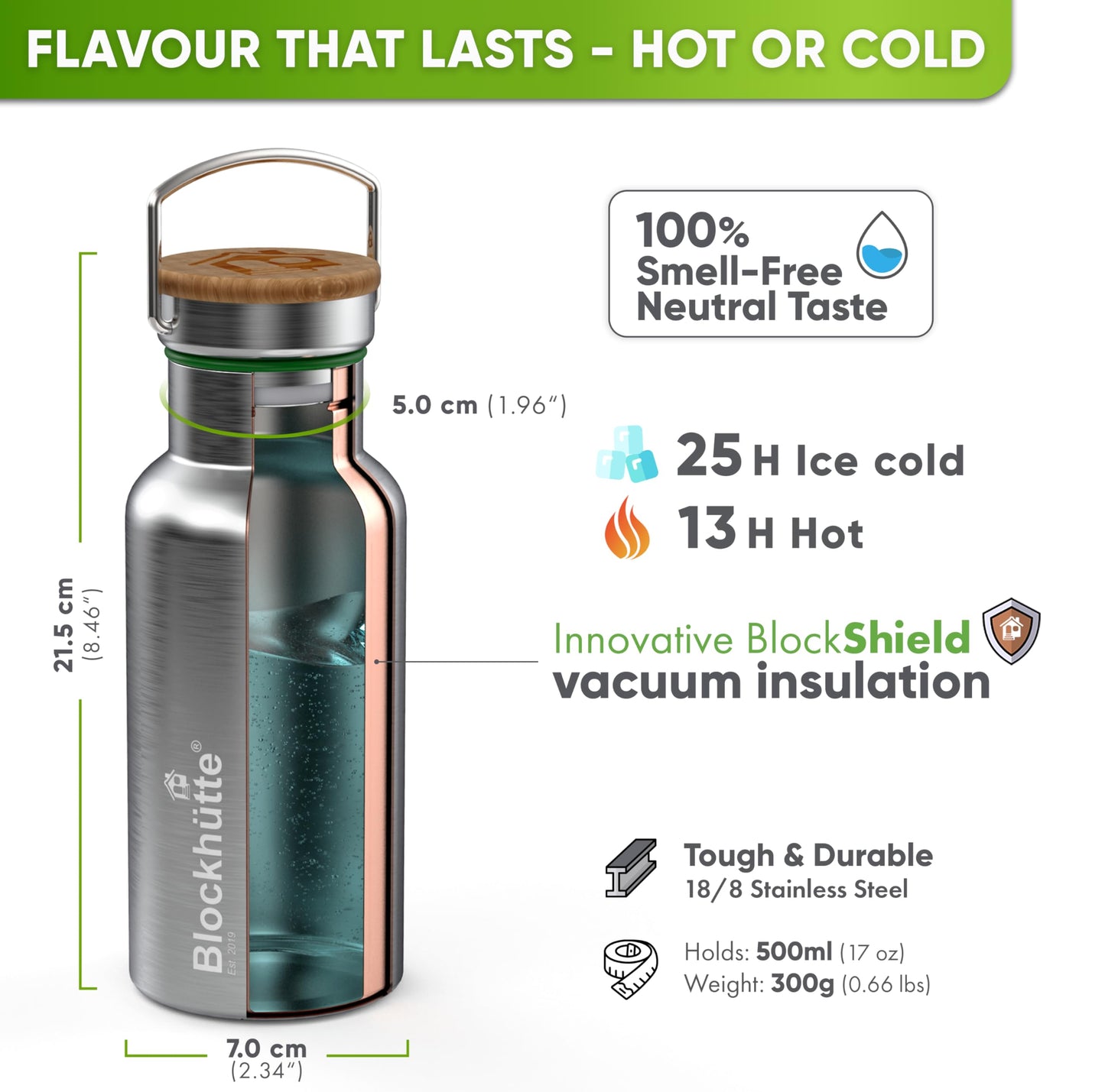 Blockhütte Stainless Steel Water Bottle I 750ml I Insulated Metal Flask, BPA Free, Leakproof, Dishwasher Safe, Ideal for Gym, Travel, Cold Drinks, Reusable, with Natural Cleaning Brush
