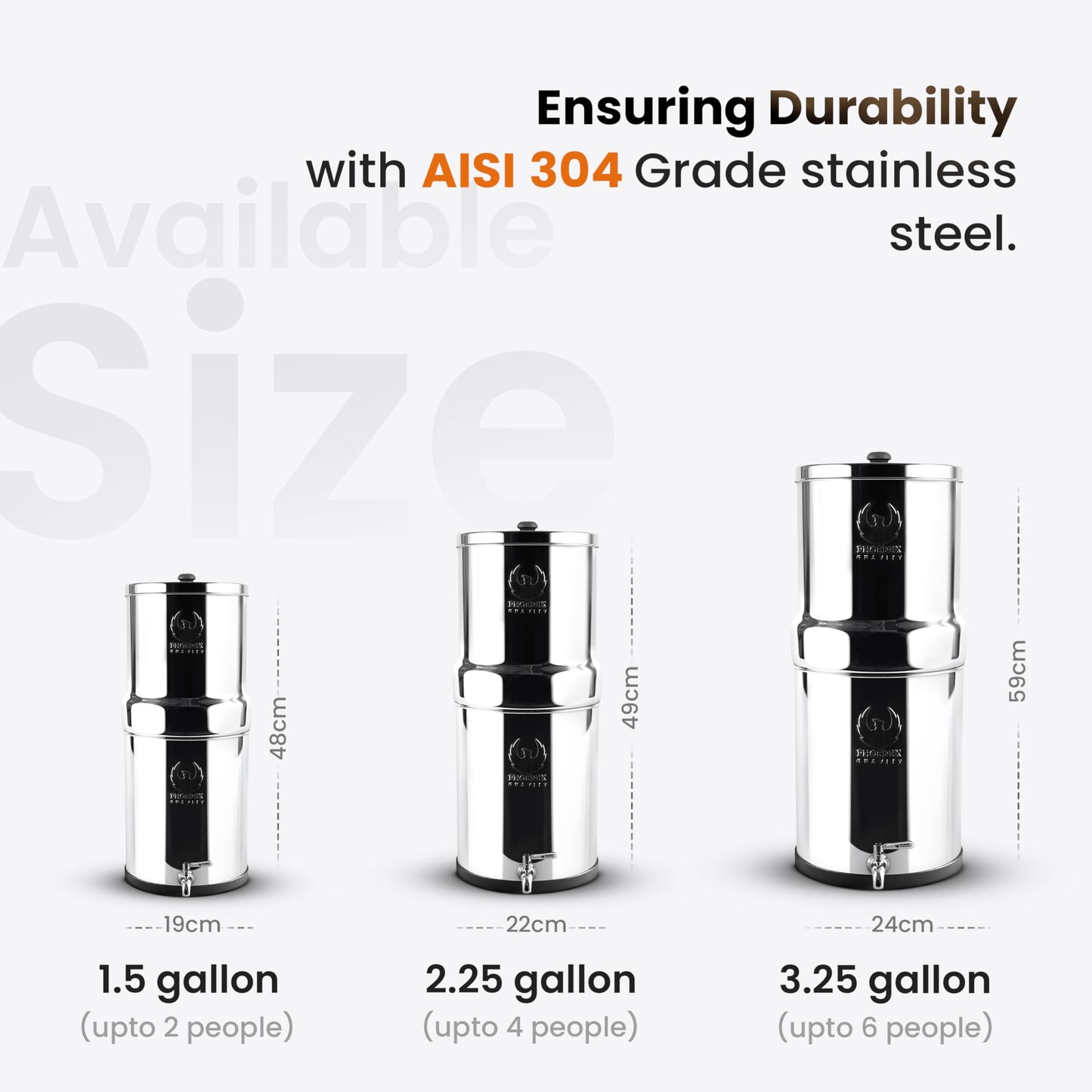 PHOENIX GRAVITY 6-Litre NSF Certified AISI 304 Stainless Steel Countertop Water Filter System with 2 Smart (Black) Carbon Filter Elements & Free Stainless Steel Water Tap (6 L)