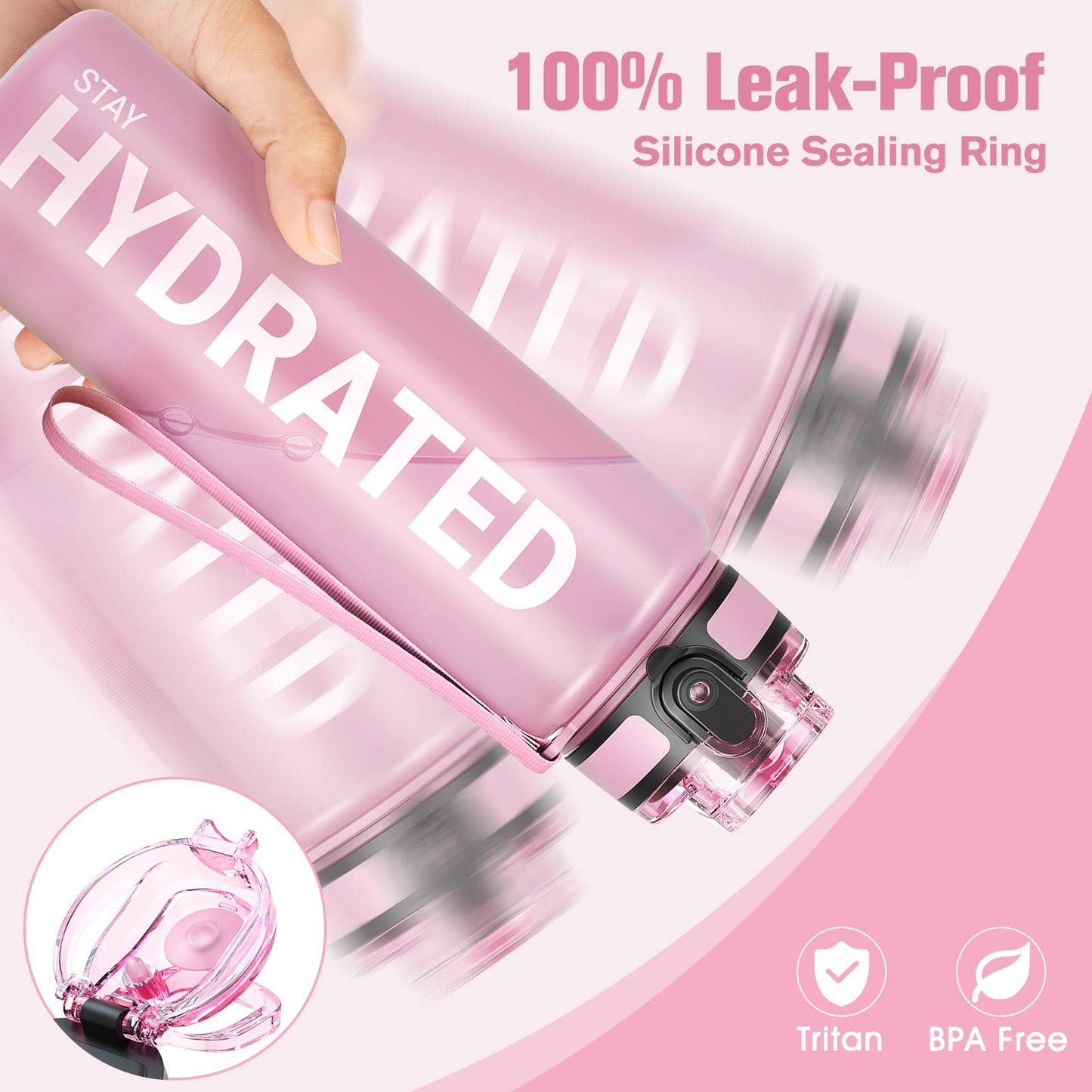 Sahara Sailor Leakproof Water Bottle 1L/500ML/750ML, Tritan BPA Free Motivational Sport Drinks Bottle with Clear Time Marker, Lock Cover, Easy Clean Brush, Durable for Gym, School, Cycling (1 Bottle)