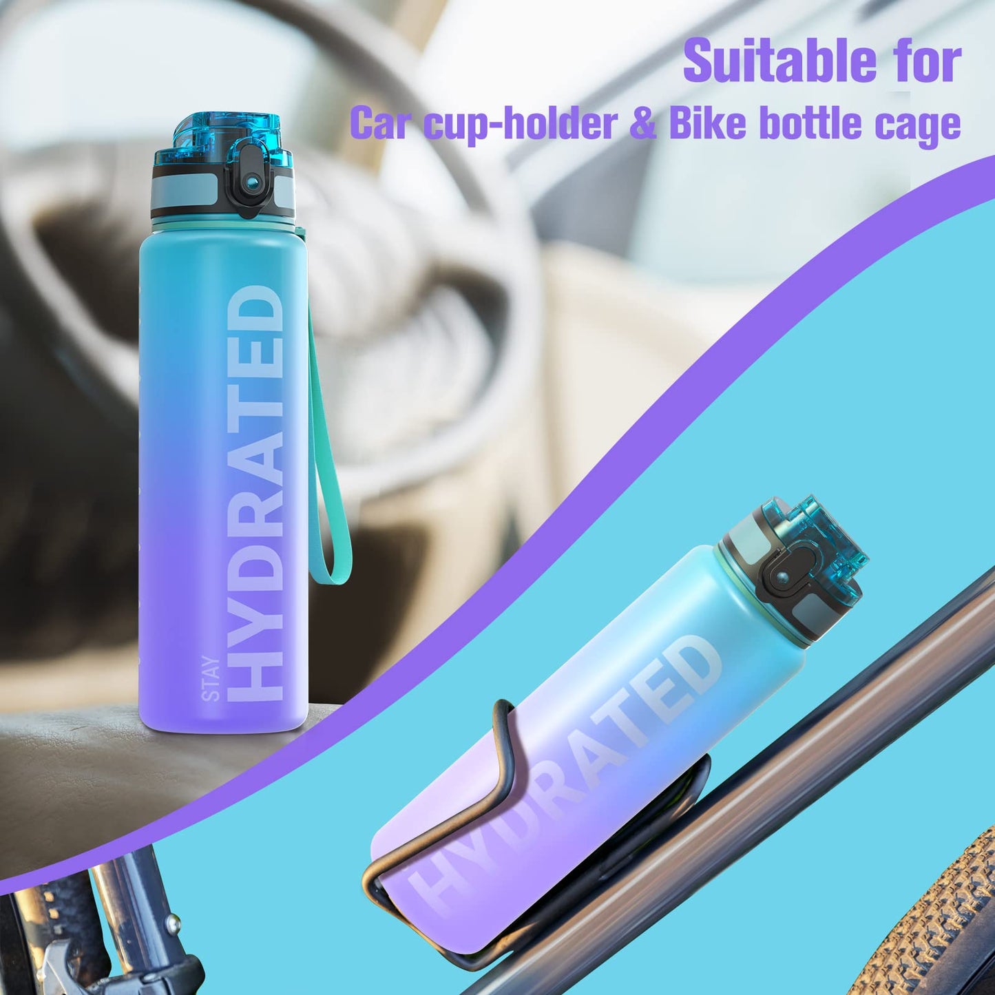 Sahara Sailor Leakproof Water Bottle 1L/500ML/750ML, Tritan BPA Free Motivational Sport Drinks Bottle with Clear Time Marker, Lock Cover, Easy Clean Brush, Durable for Gym, School, Cycling (1 Bottle)