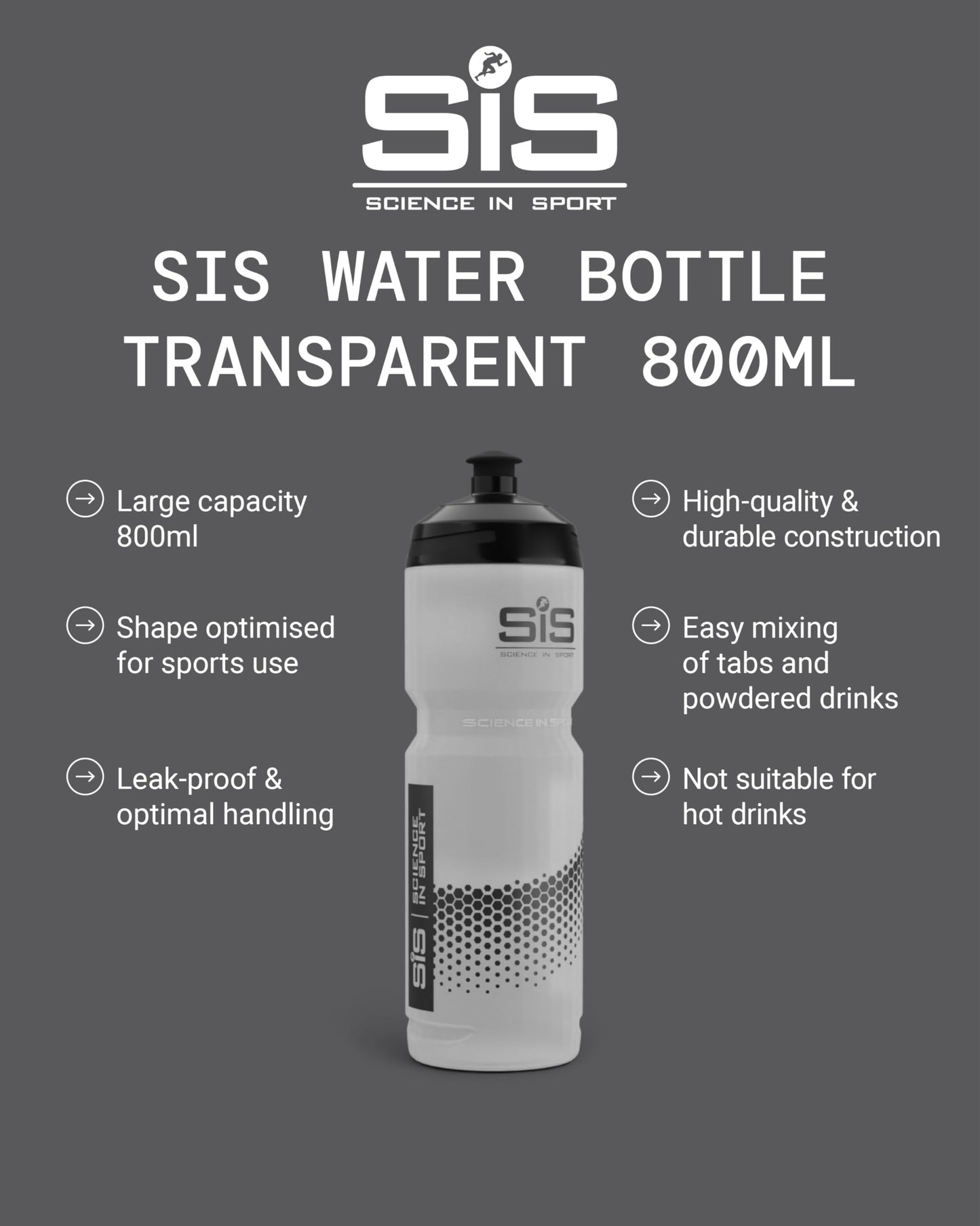 Science in Sport SIS Clear Sports Water Bottle, Plastic Water Bottle, Black Logo, Transparent Colour, 800 ml