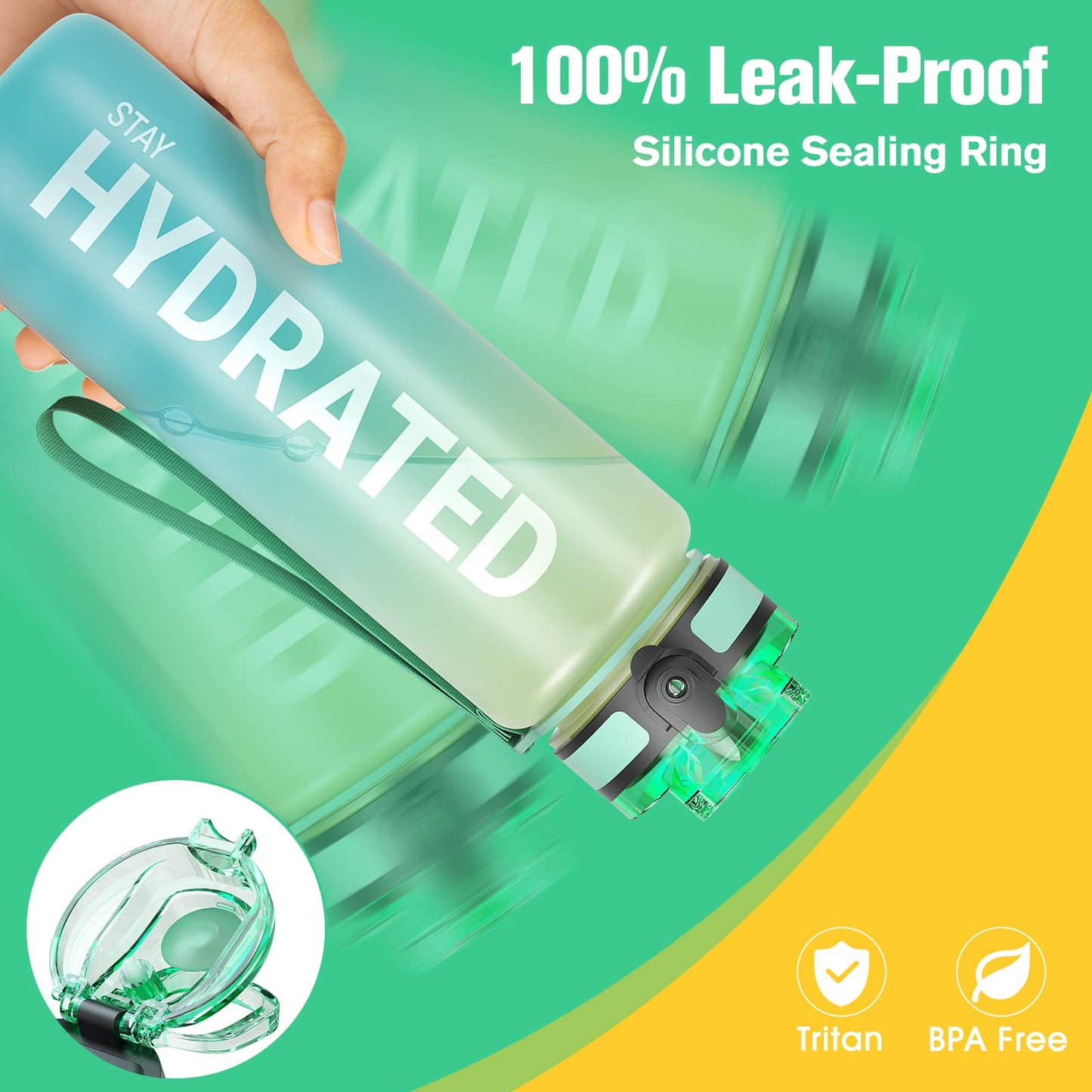 Sahara Sailor Leakproof Water Bottle 1L/500ML/750ML, Tritan BPA Free Motivational Sport Drinks Bottle with Clear Time Marker, Lock Cover, Easy Clean Brush, Durable for Gym, School, Cycling (1 Bottle)