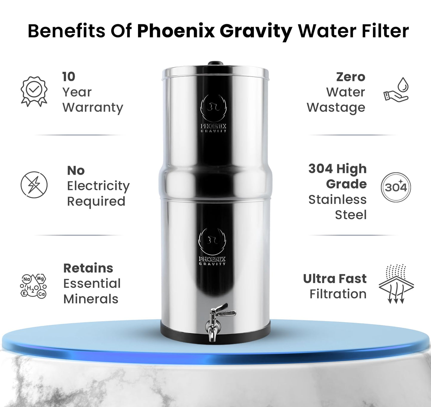 PHOENIX GRAVITY 6-Litre NSF Certified AISI 304 Stainless Steel Countertop Water Filter System with 2 Smart (Black) Carbon Filter Elements & Free Stainless Steel Water Tap (6 L)