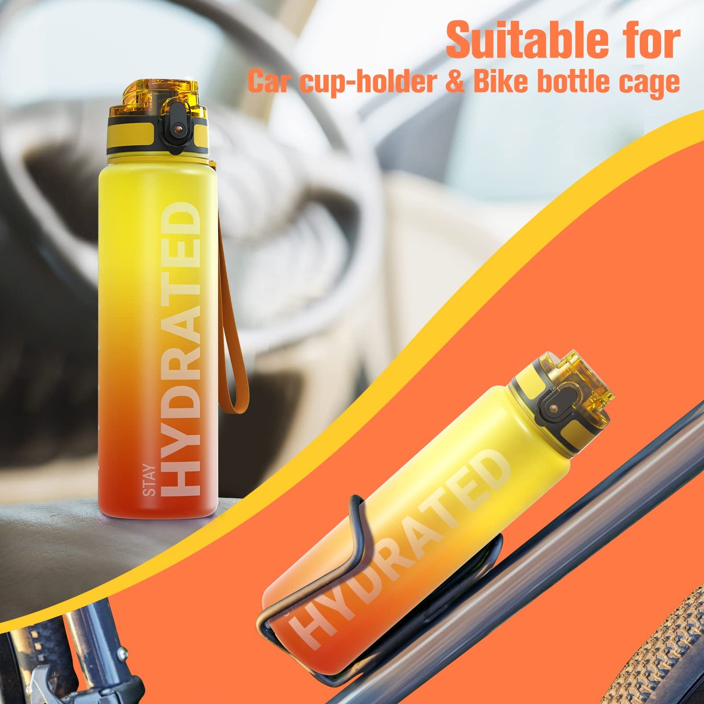 Sahara Sailor Leakproof Water Bottle 1L/500ML/750ML, Tritan BPA Free Motivational Sport Drinks Bottle with Clear Time Marker, Lock Cover, Easy Clean Brush, Durable for Gym, School, Cycling (1 Bottle)