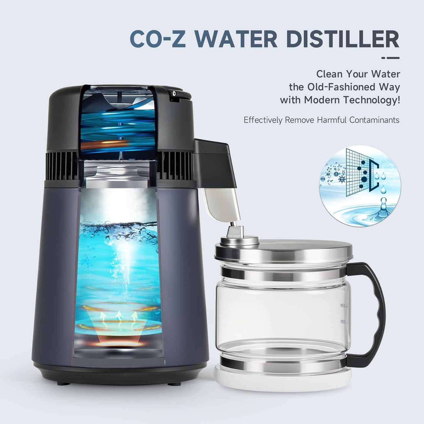 CO-Z 4L Water Distiller, 1.1 Gallon Countertop Distilled Water Machine with Glass Pot, 750W Distilled Water Maker for Pure Water, 304 Stainless Steel Water Distiller Machine for Home Office Travel