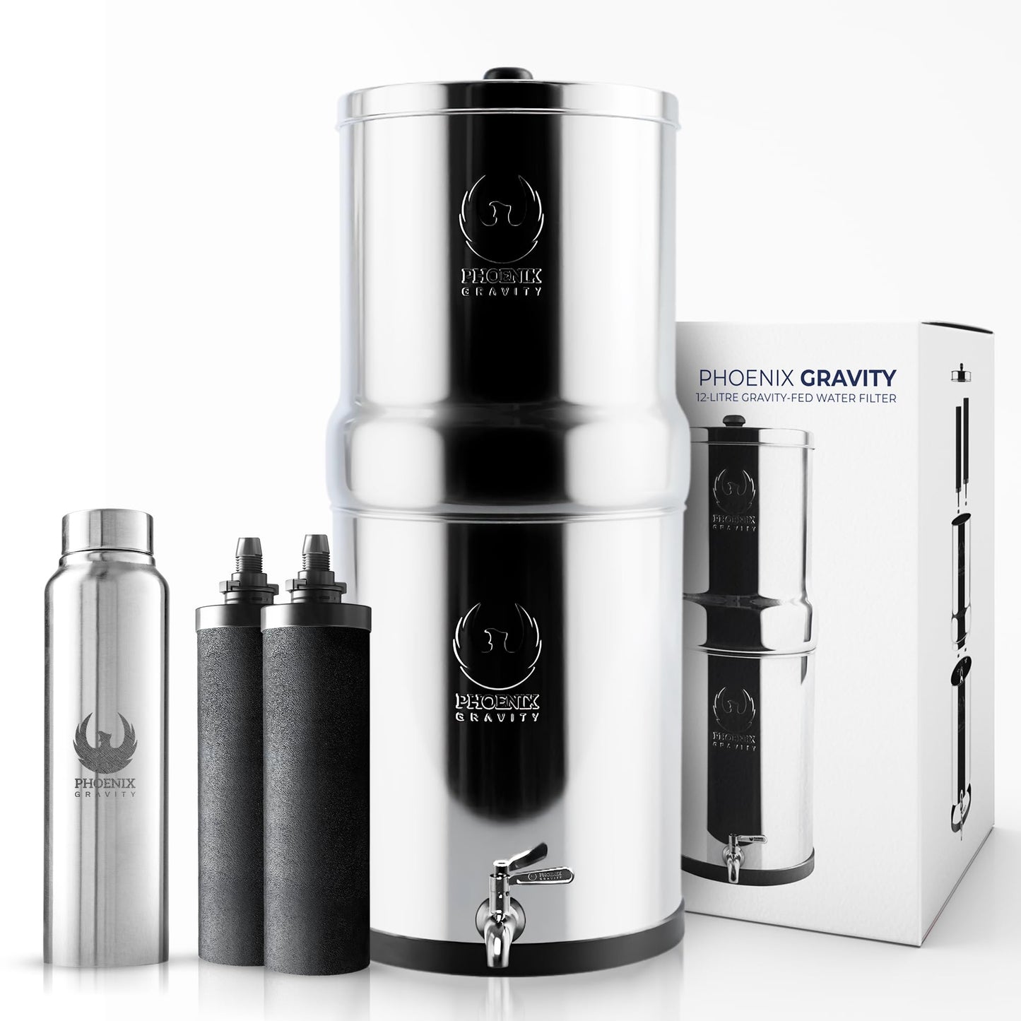 PHOENIX GRAVITY 6-Litre NSF Certified AISI 304 Stainless Steel Countertop Water Filter System with 2 Smart (Black) Carbon Filter Elements & Free Stainless Steel Water Tap (6 L)