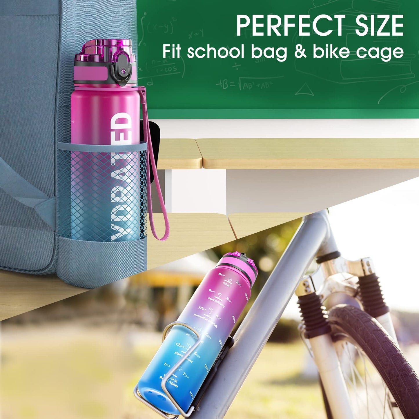 Sahara Sailor Leakproof Water Bottle 1L/500ML/750ML, Tritan BPA Free Motivational Sport Drinks Bottle with Clear Time Marker, Lock Cover, Easy Clean Brush, Durable for Gym, School, Cycling (1 Bottle)