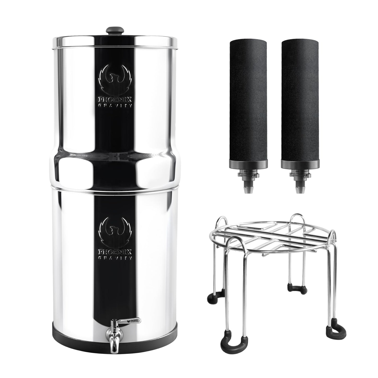 PHOENIX GRAVITY 6-Litre NSF Certified AISI 304 Stainless Steel Countertop Water Filter System with 2 Smart (Black) Carbon Filter Elements & Free Stainless Steel Water Tap (6 L)