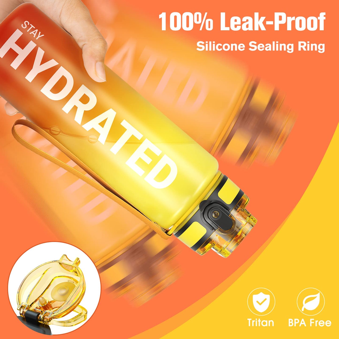 Sahara Sailor Leakproof Water Bottle 1L/500ML/750ML, Tritan BPA Free Motivational Sport Drinks Bottle with Clear Time Marker, Lock Cover, Easy Clean Brush, Durable for Gym, School, Cycling (1 Bottle)