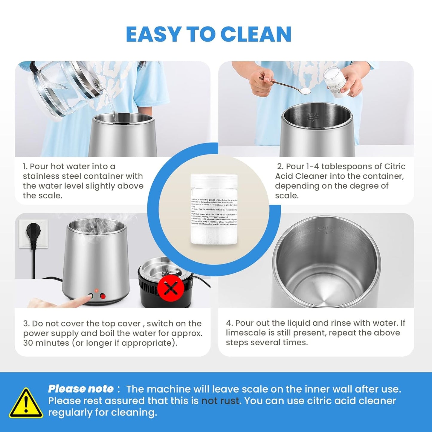 Hanchen Water Distiller 304 Stainless Steel 750W Distilled Water Machine Double Button Design 4L/1gal Water Purifier for Home Use with Distiller Cleaner and Carbon Filter