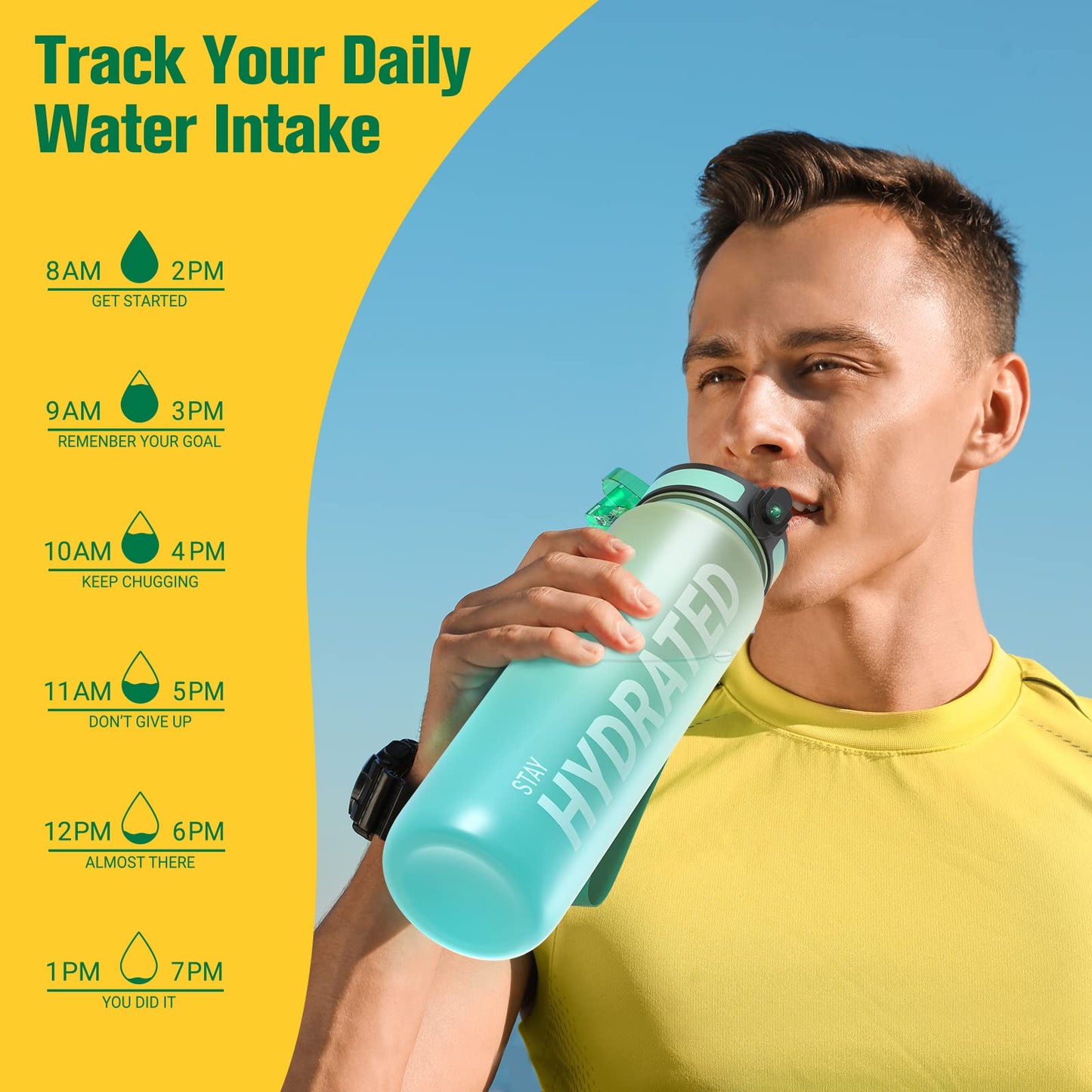 Sahara Sailor Leakproof Water Bottle 1L/500ML/750ML, Tritan BPA Free Motivational Sport Drinks Bottle with Clear Time Marker, Lock Cover, Easy Clean Brush, Durable for Gym, School, Cycling (1 Bottle)