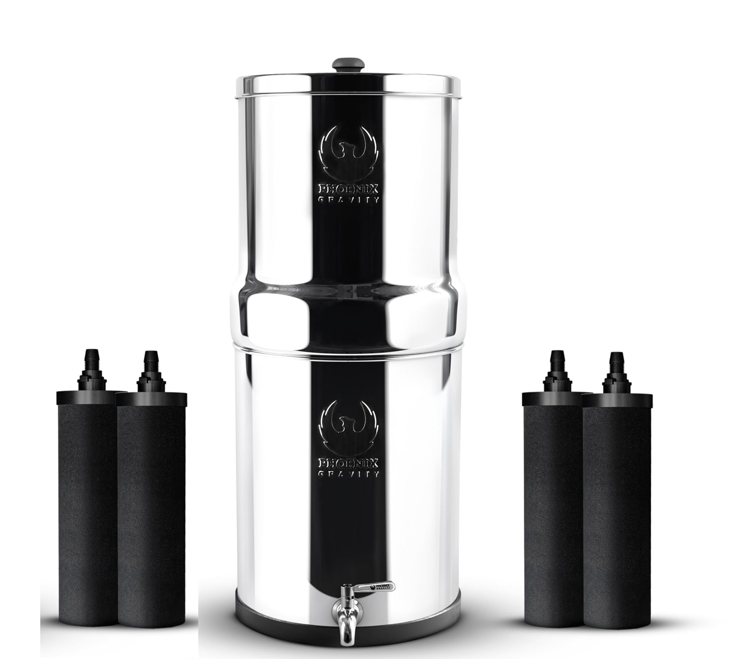 PHOENIX GRAVITY 6-Litre NSF Certified AISI 304 Stainless Steel Countertop Water Filter System with 2 Smart (Black) Carbon Filter Elements & Free Stainless Steel Water Tap (6 L)
